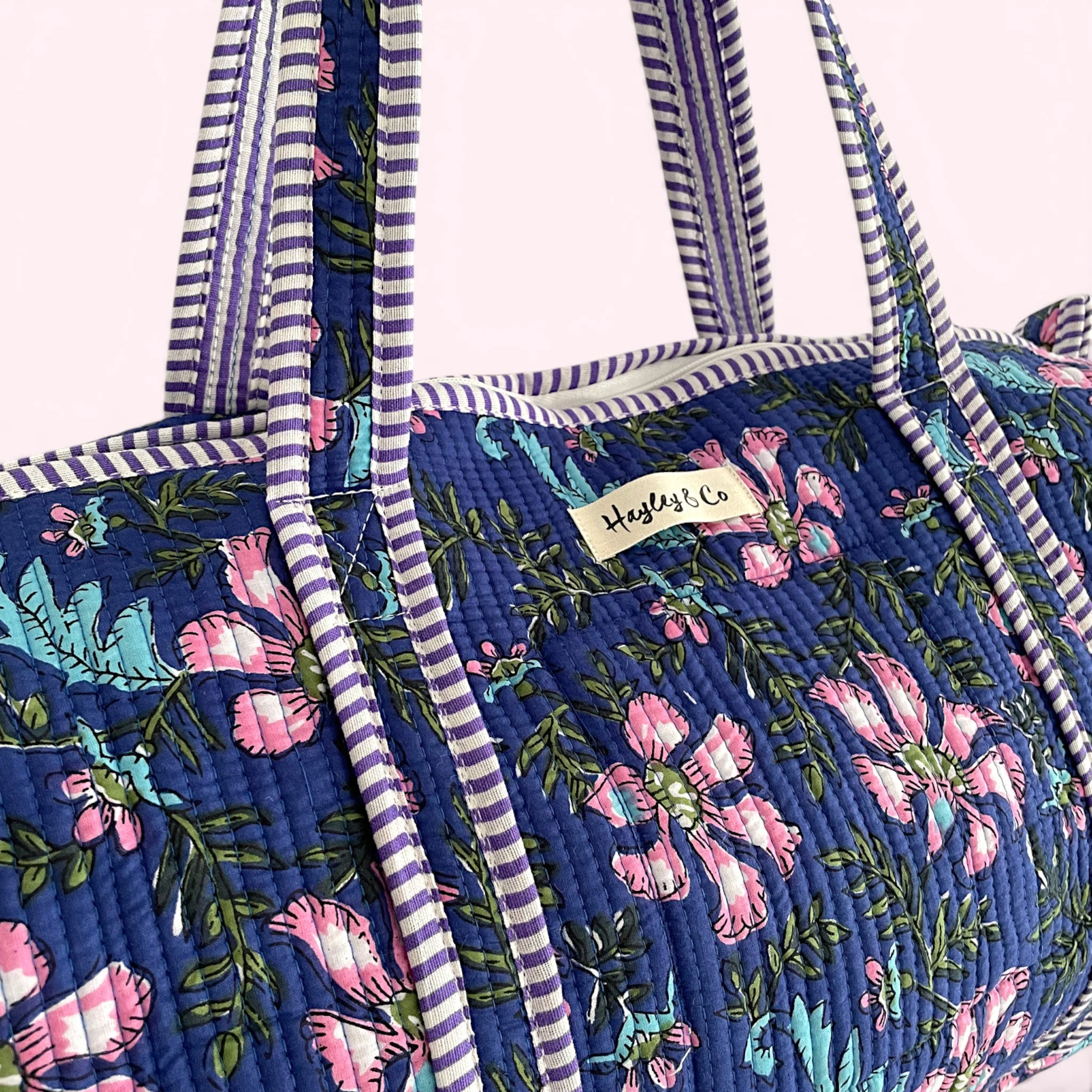 Blue and Purple Floral Block Print Cotton Quilted Weekend Duffle Bag - Image 3