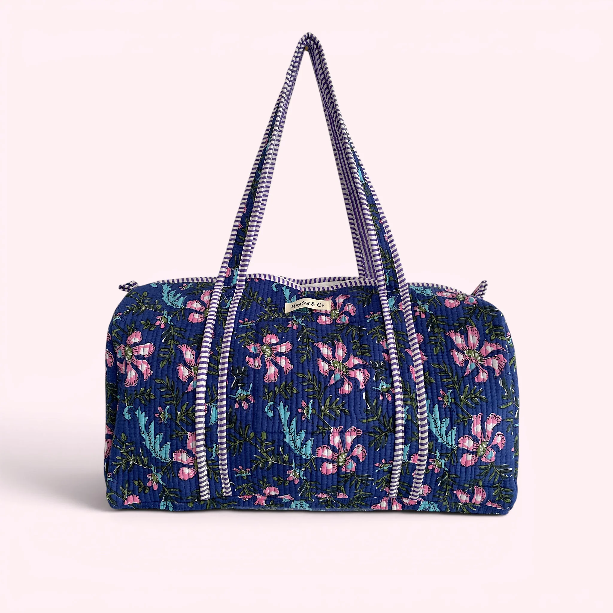 Blue and Purple Floral Block Print Cotton Quilted Weekend Duffle Bag - Image 4