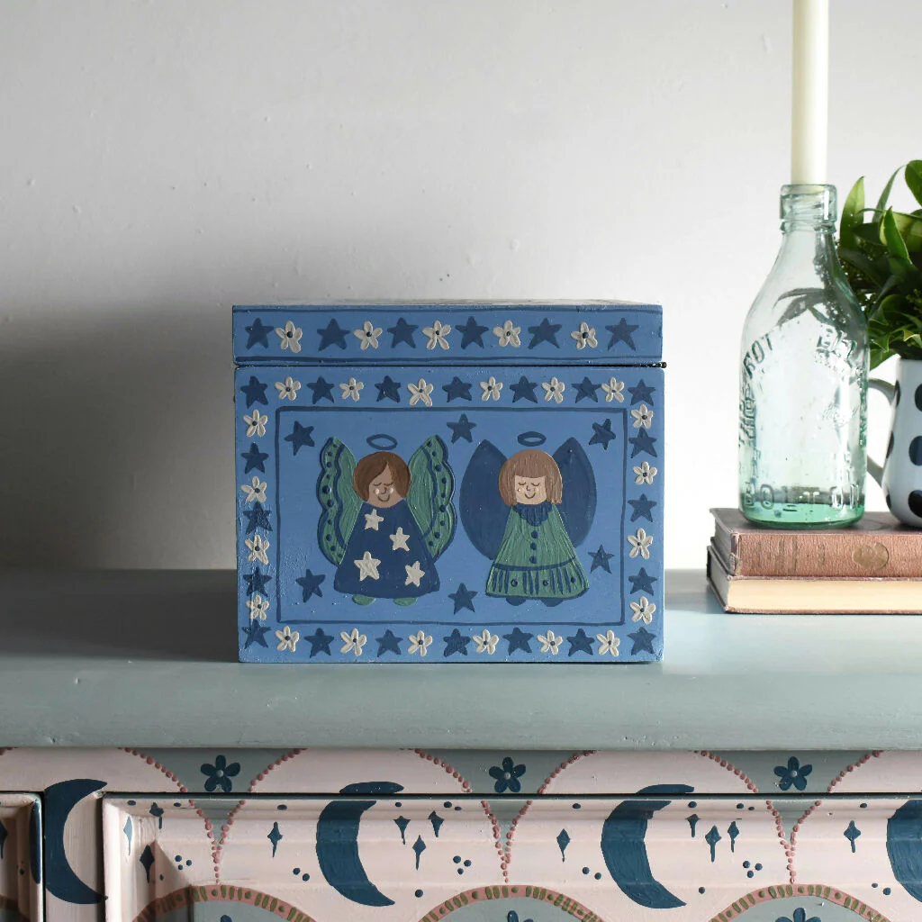 Blue Folk Art Decorative Angel Keepsake Box - Image 3