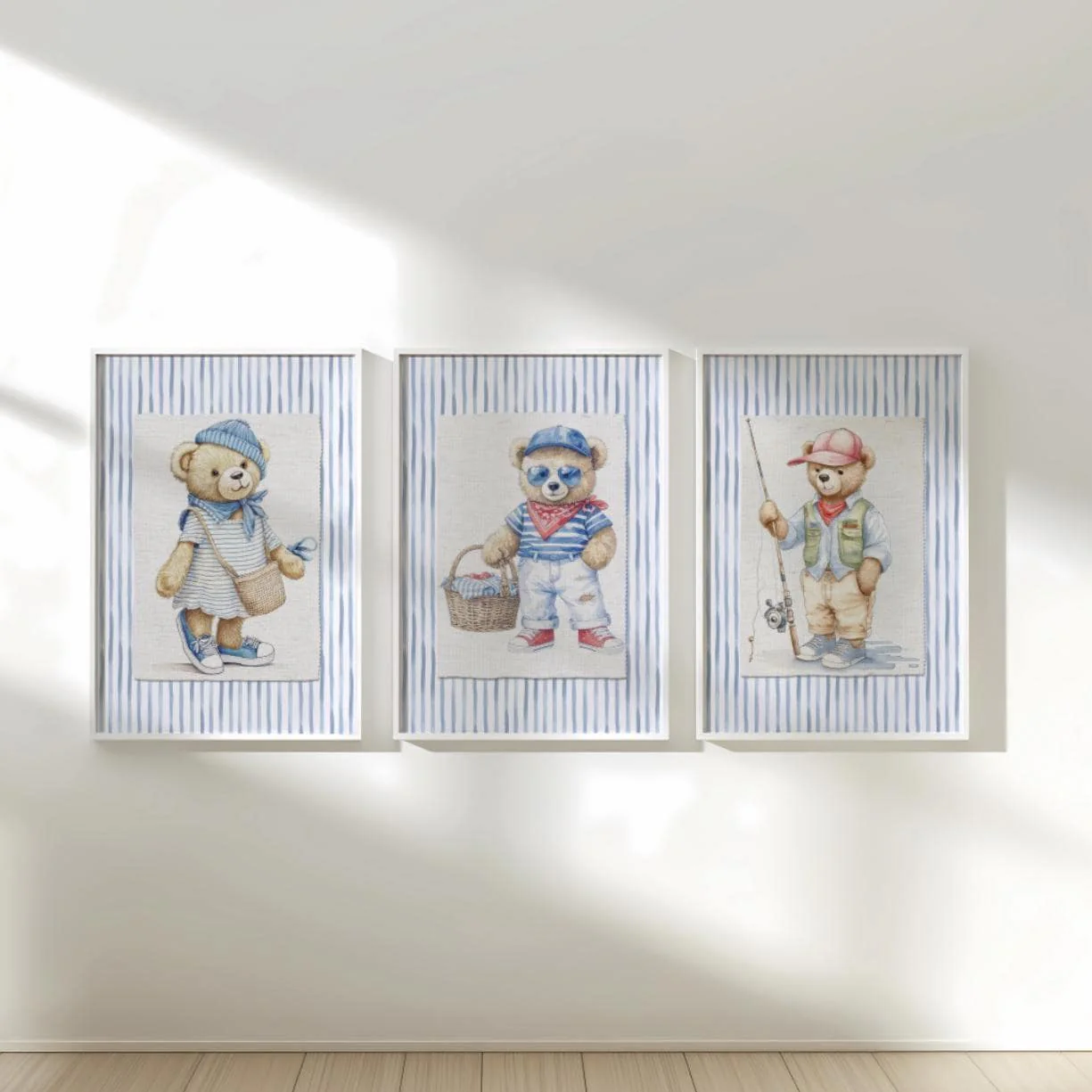 Blue Striped Bear Artwork Set of 3 Nursery Wall Art Set of 3
