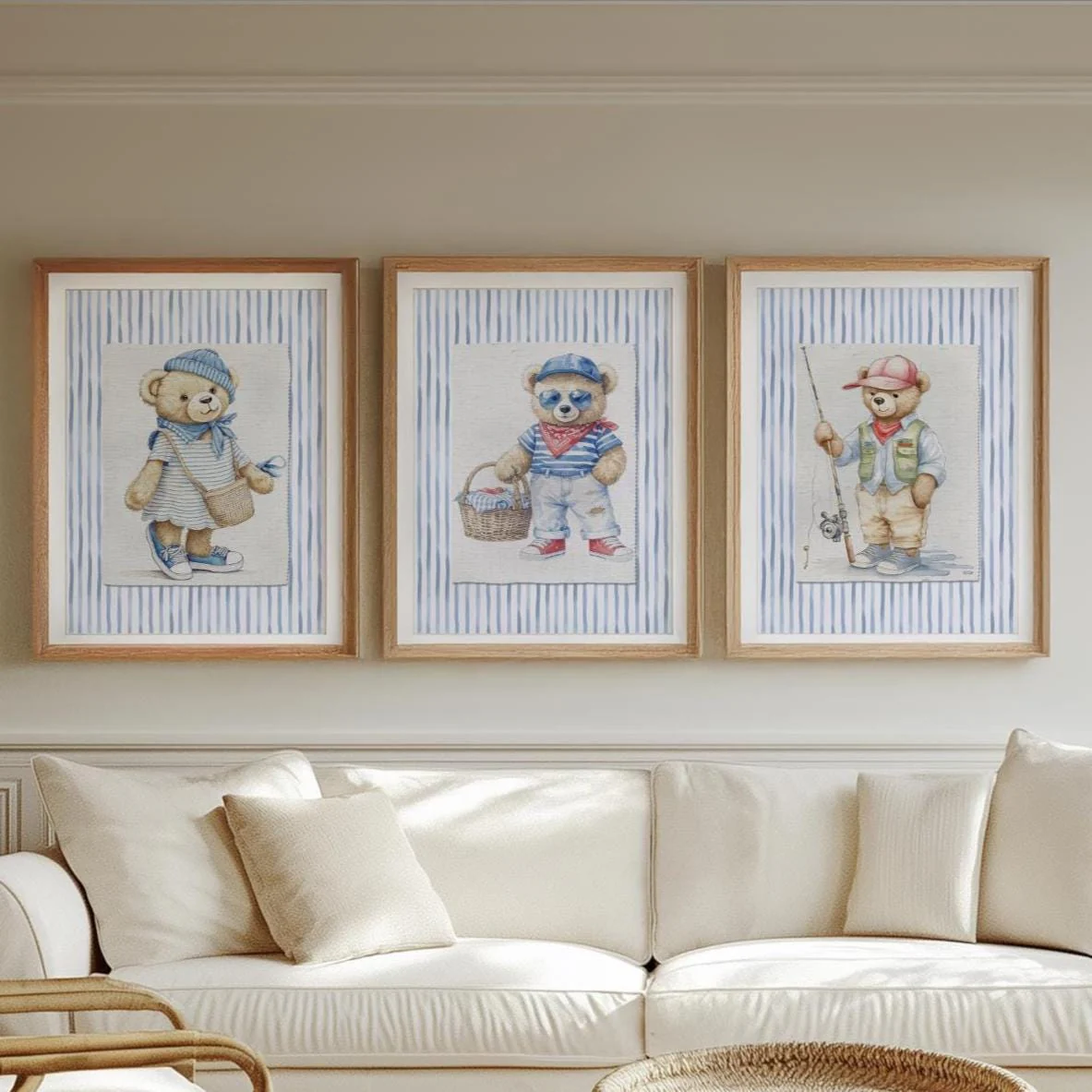 Blue Striped Bear Artwork Set of 3 Nursery Wall Art Set of 3 - Image 7