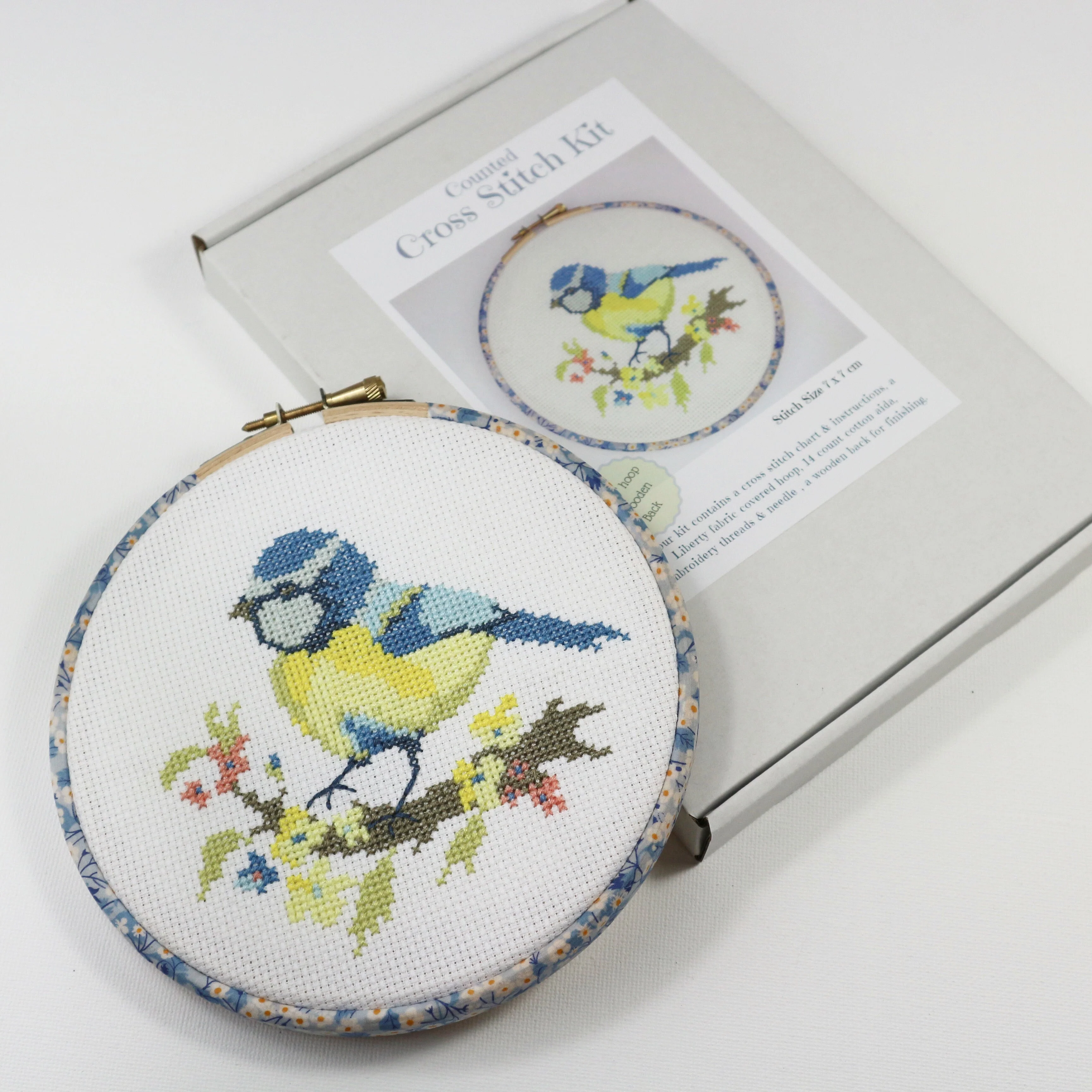 Blue Tit with Yellow Blossom, Cross Stitch Embroidery Hoop Wall Hanging Kit - Image 6