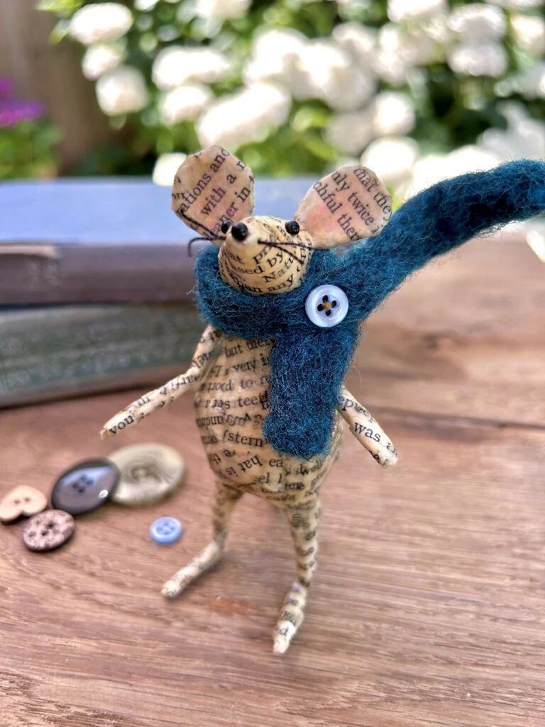 Book Nook Mouse – Vintage Book Paper Sculpture with Wool Scarf