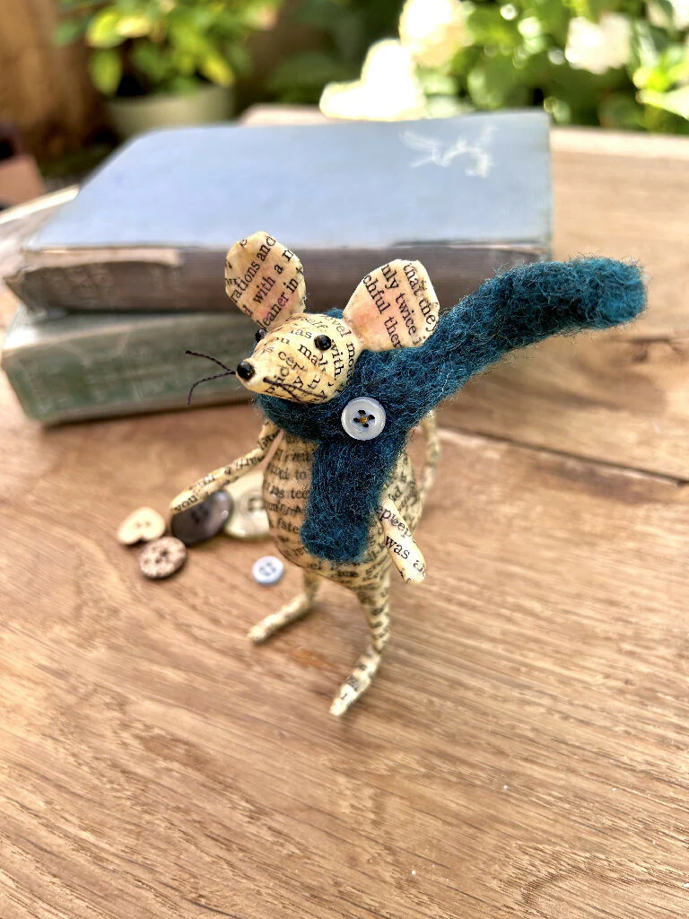 Book Nook Mouse – Vintage Book Paper Sculpture with Wool Scarf - Image 2