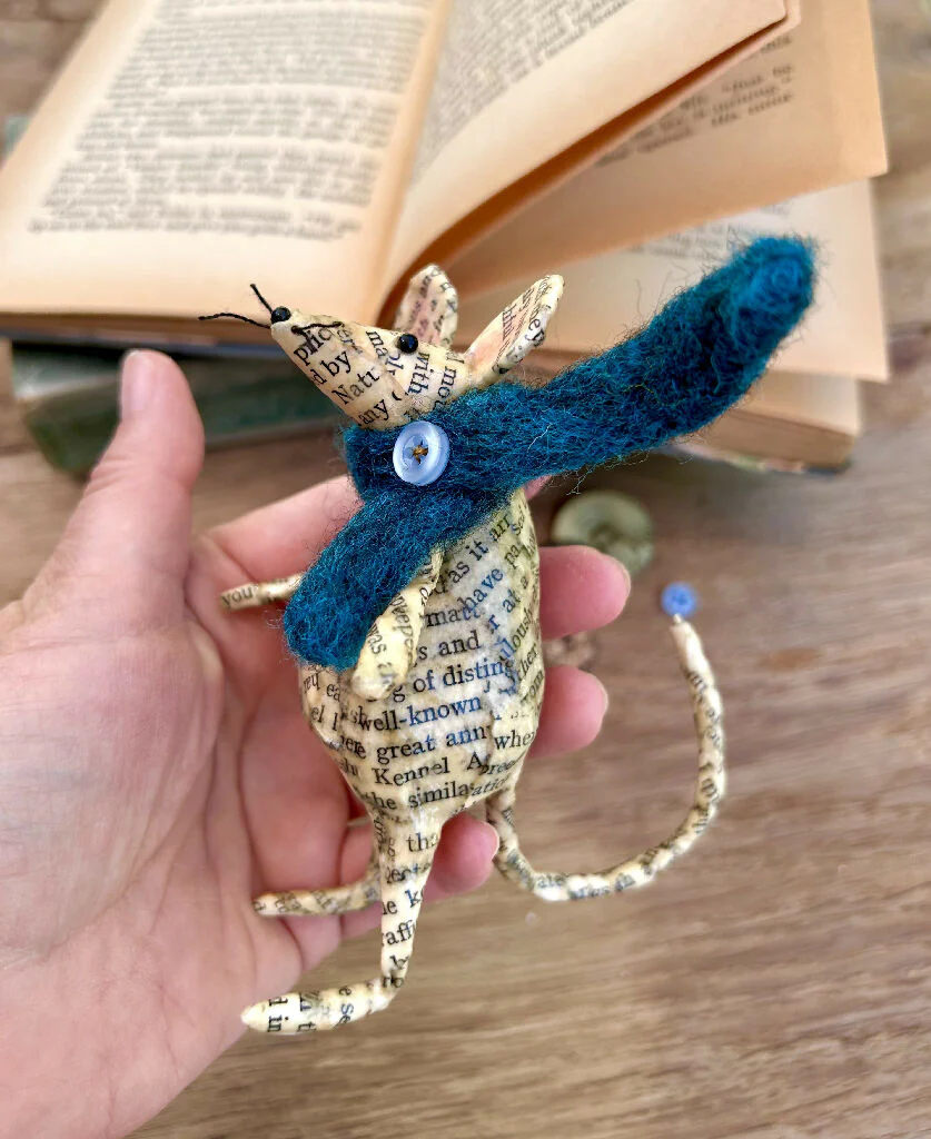 Book Nook Mouse – Vintage Book Paper Sculpture with Wool Scarf - Image 3