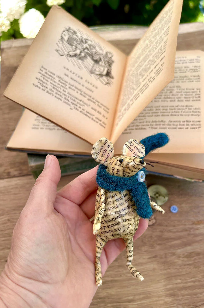Book Nook Mouse – Vintage Book Paper Sculpture with Wool Scarf - Image 4