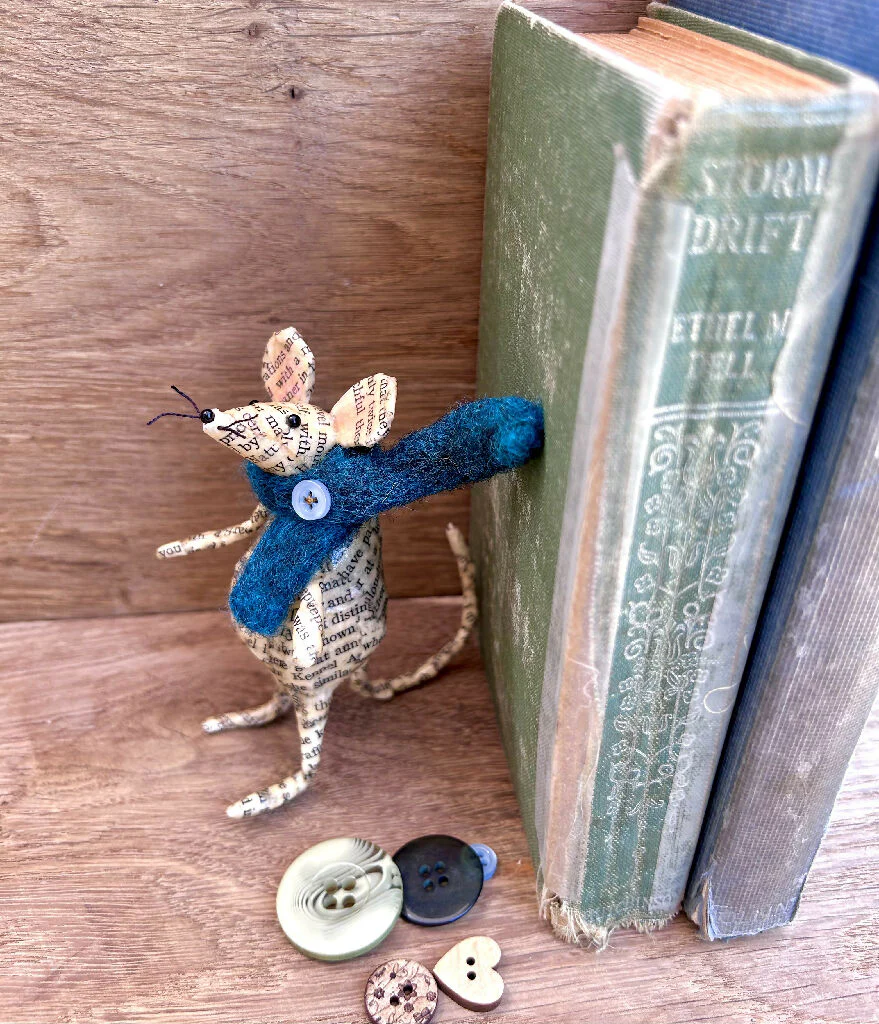 Book Nook Mouse – Vintage Book Paper Sculpture with Wool Scarf - Image 5