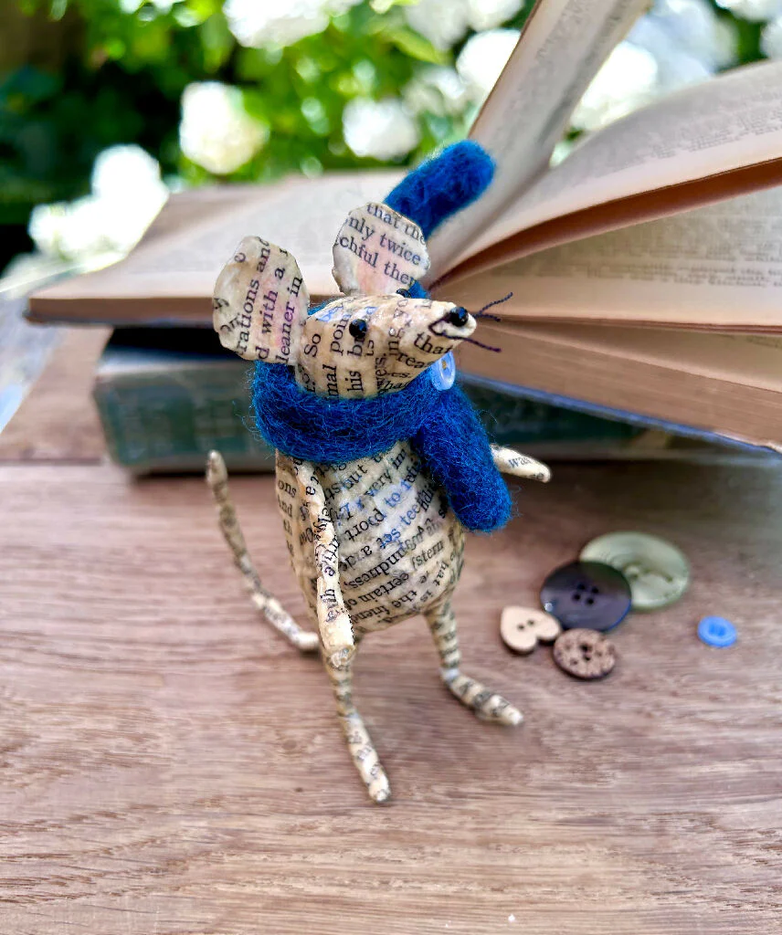 Book Nook Mouse – Vintage Book Paper Sculpture with Wool Scarf - Image 6