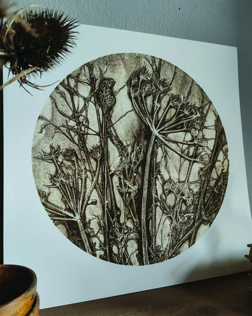 Brown Circular Gelli Print Wildflower and Grasses Giclee Print - Image 3