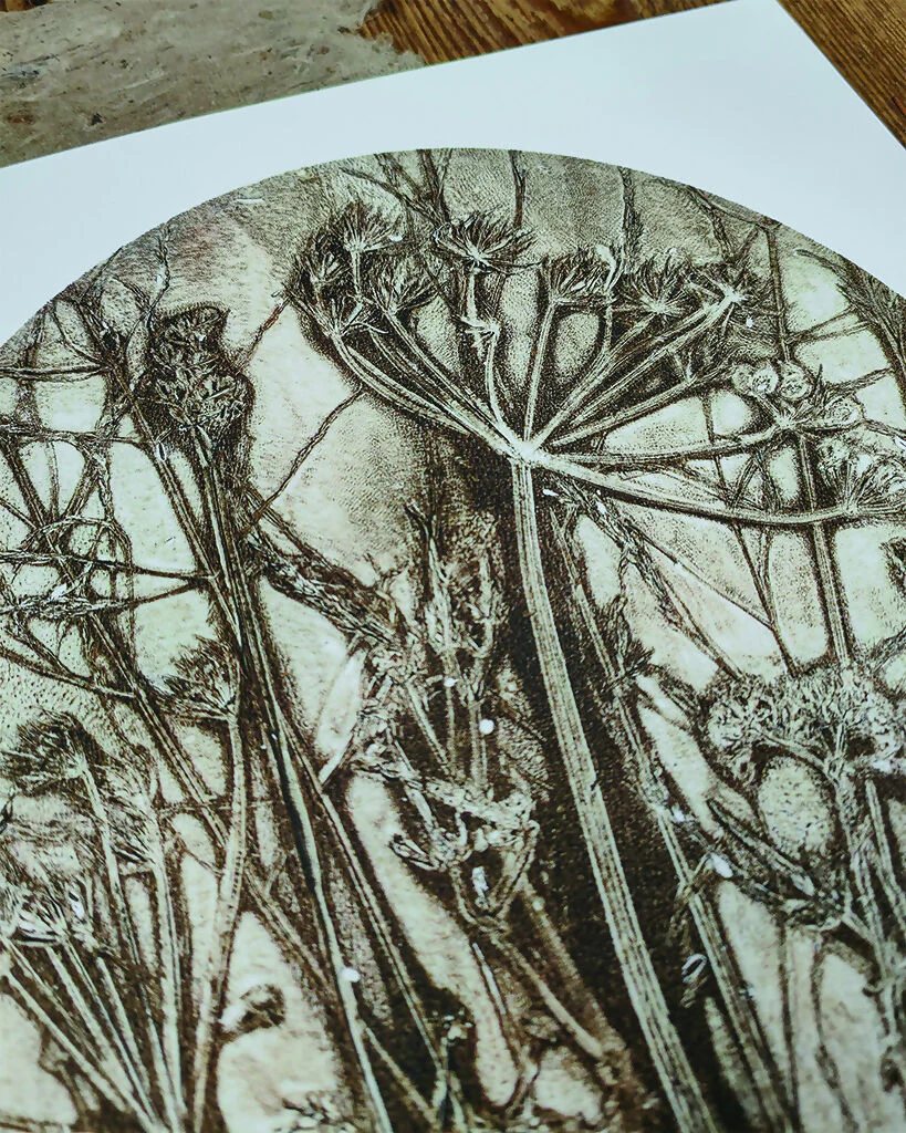Brown Circular Gelli Print Wildflower and Grasses Giclee Print - Image 4