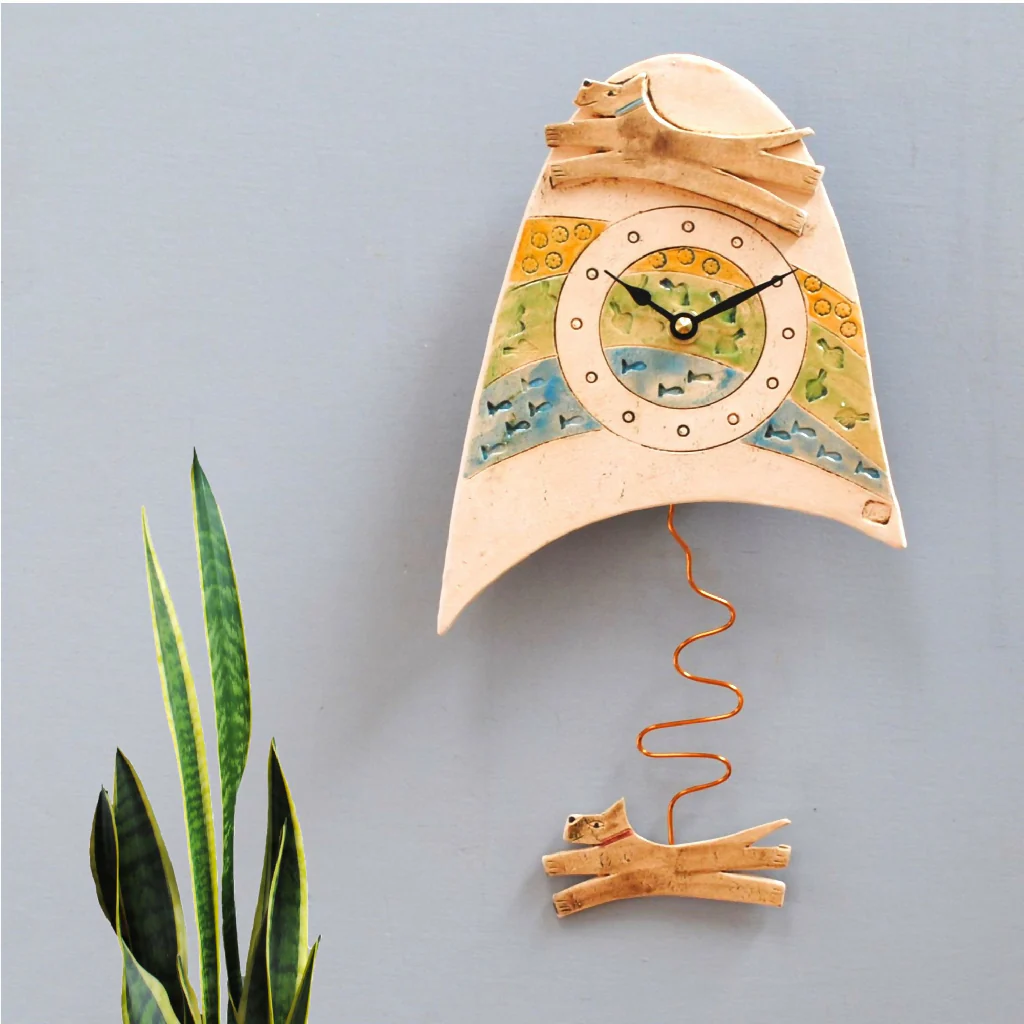 Brown Jumping Dog Ceramic Wall Clock with Pendulum