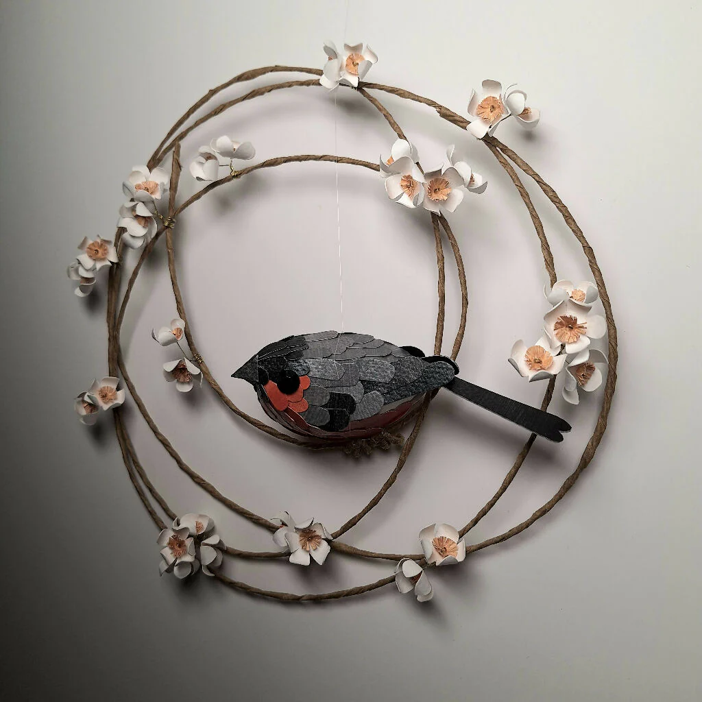 Bullfinch on a floral wreath hanging paper sculpture - Image 3