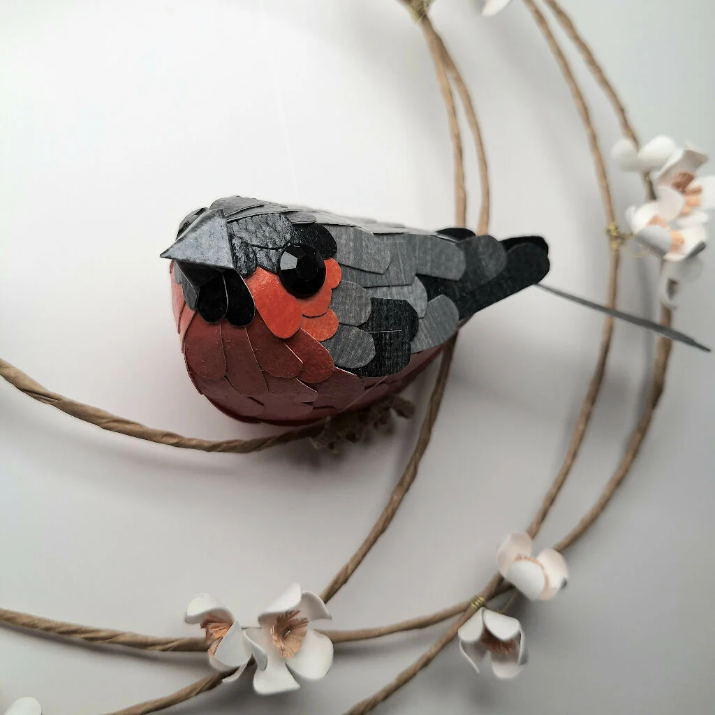 Bullfinch on a floral wreath hanging paper sculpture - Image 4