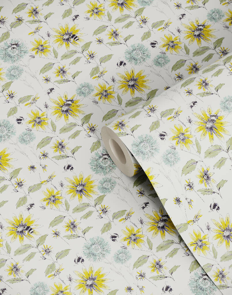Bumblebee and Flora Sustainable Wallpaper