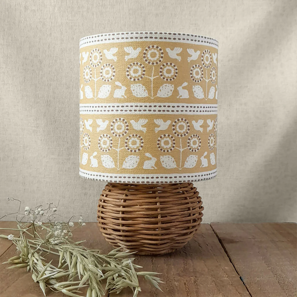Bunny & Bird Linen Drum Lampshade in Mustard
