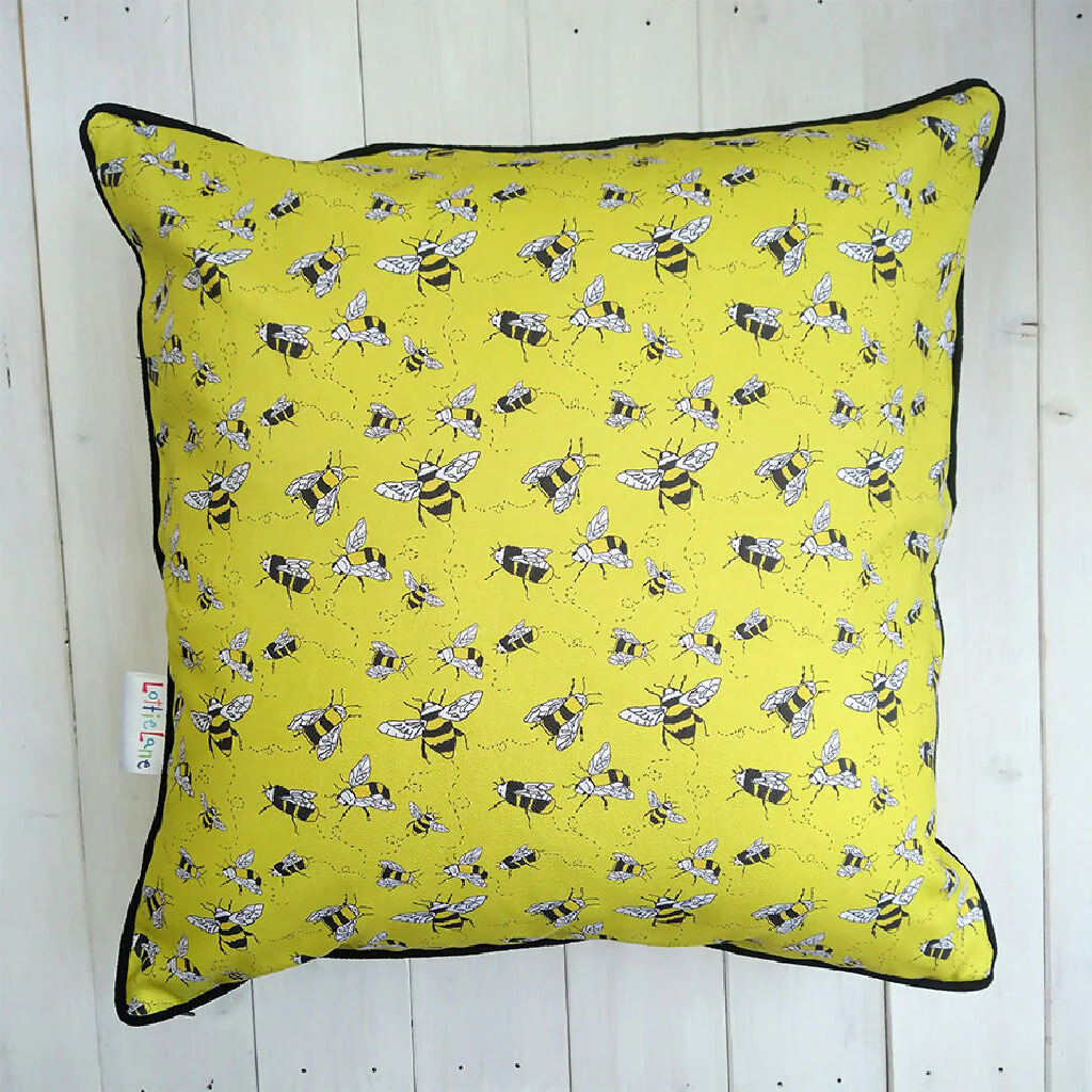 Buzzy Bee Hand Made Organic Cotton Cushion in Yellow - Image 4