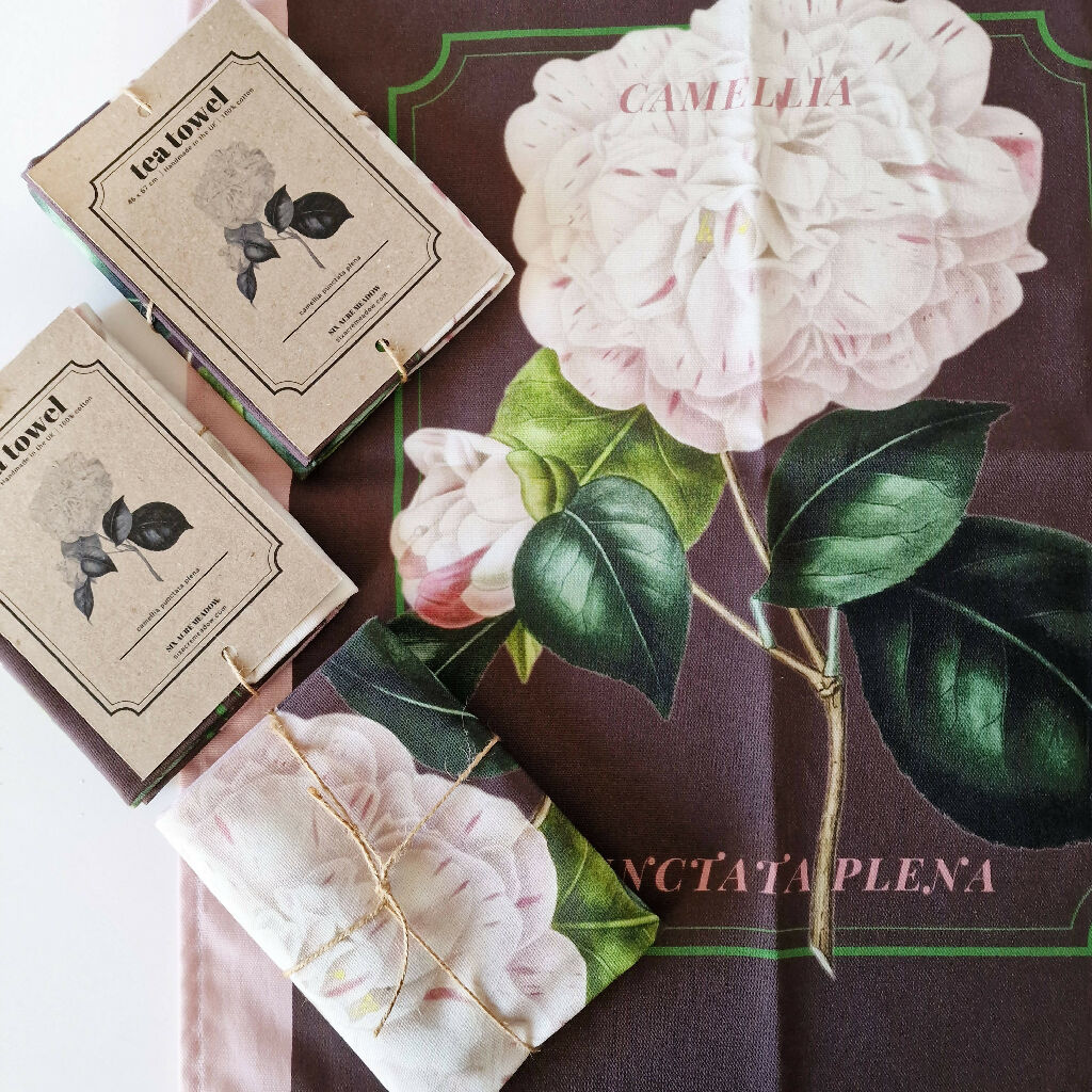 Camellia Print Cotton Tea Towel in Pink and Brown