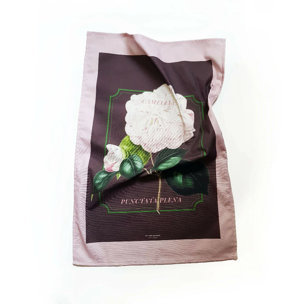 Camellia Print Cotton Tea Towel in Pink and Brown - Image 2