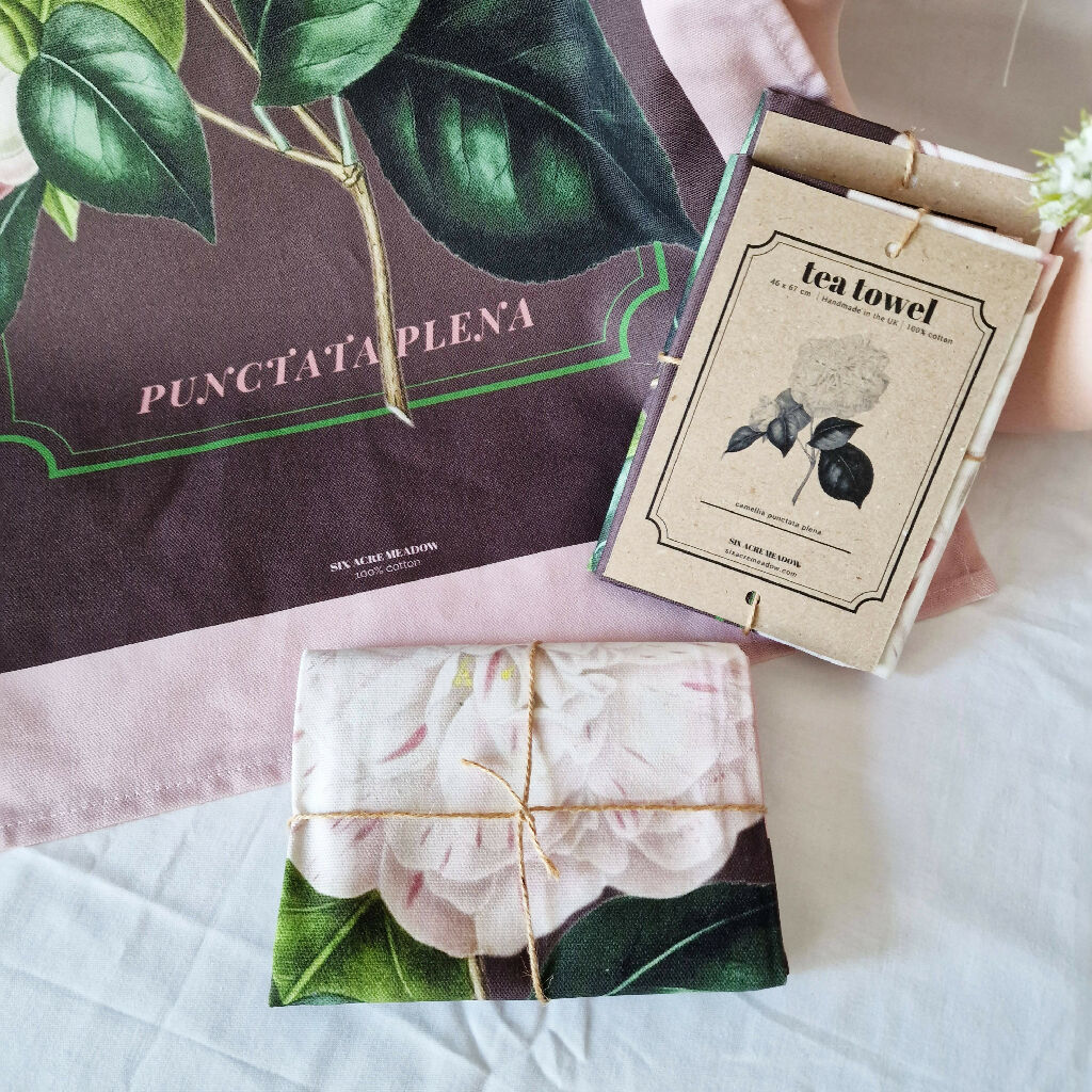 Camellia Print Cotton Tea Towel in Pink and Brown - Image 3