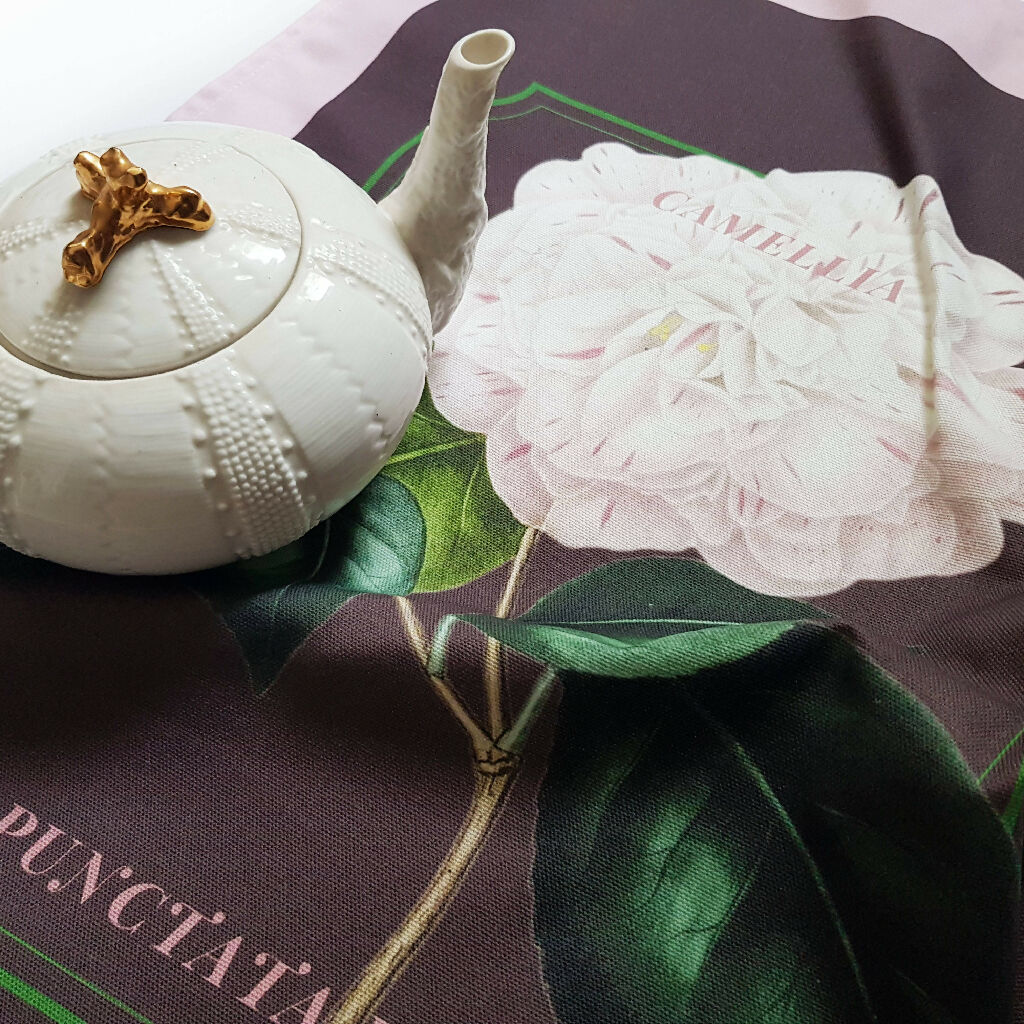 Camellia Print Cotton Tea Towel in Pink and Brown - Image 4
