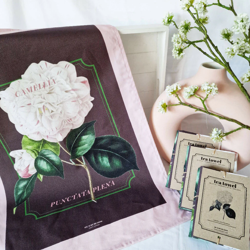 Camellia Print Cotton Tea Towel in Pink and Brown - Image 5