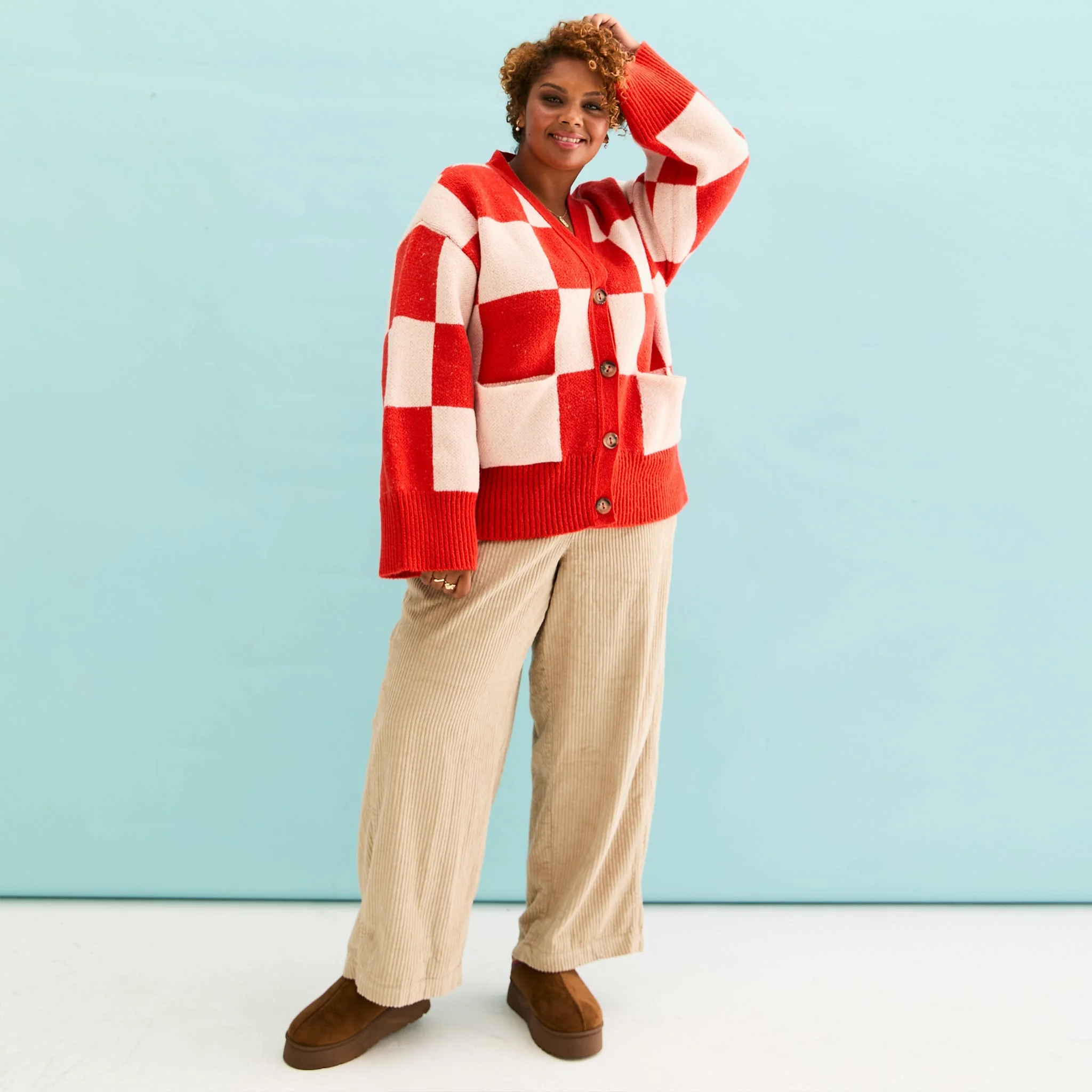 Candice Checkerboard Wide Sleeve Cardigan - Red & White - Image 3