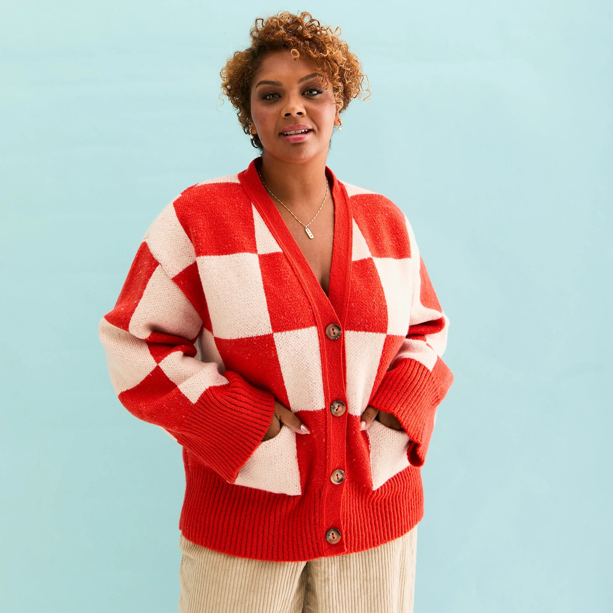 Candice Checkerboard Wide Sleeve Cardigan - Red & White - Image 4