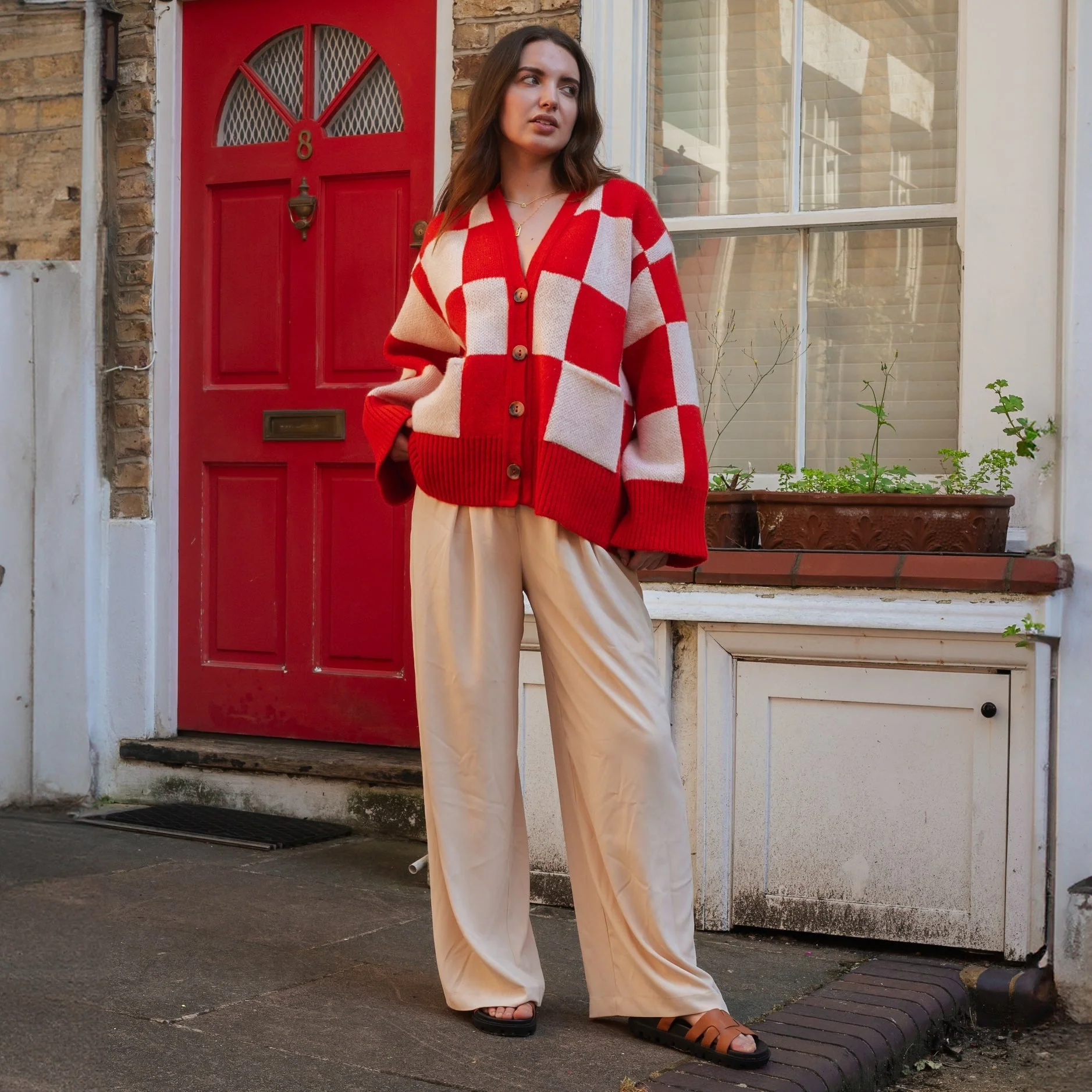 Candice Checkerboard Wide Sleeve Cardigan - Red & White - Image 7