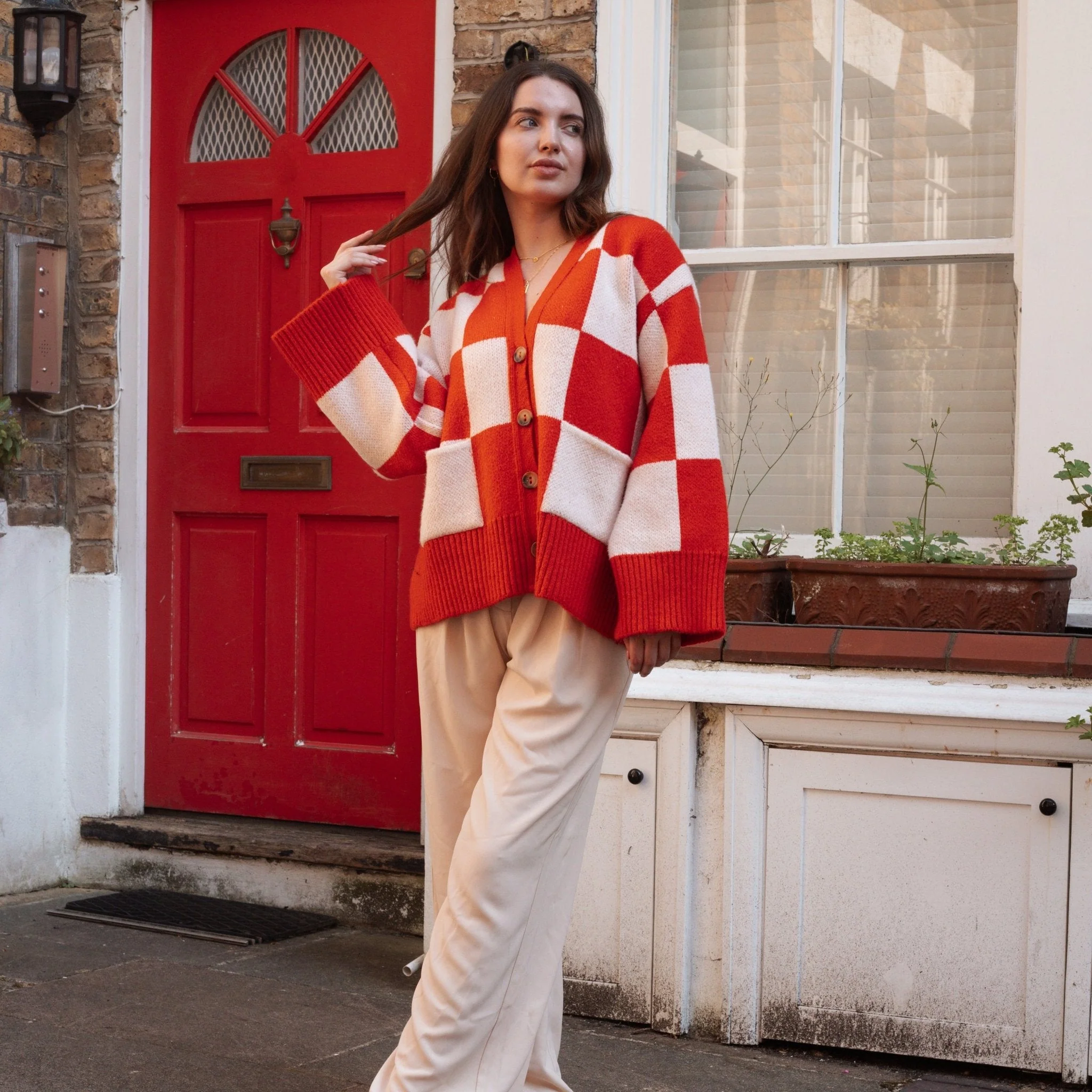 Candice Checkerboard Wide Sleeve Cardigan - Red & White - Image 8