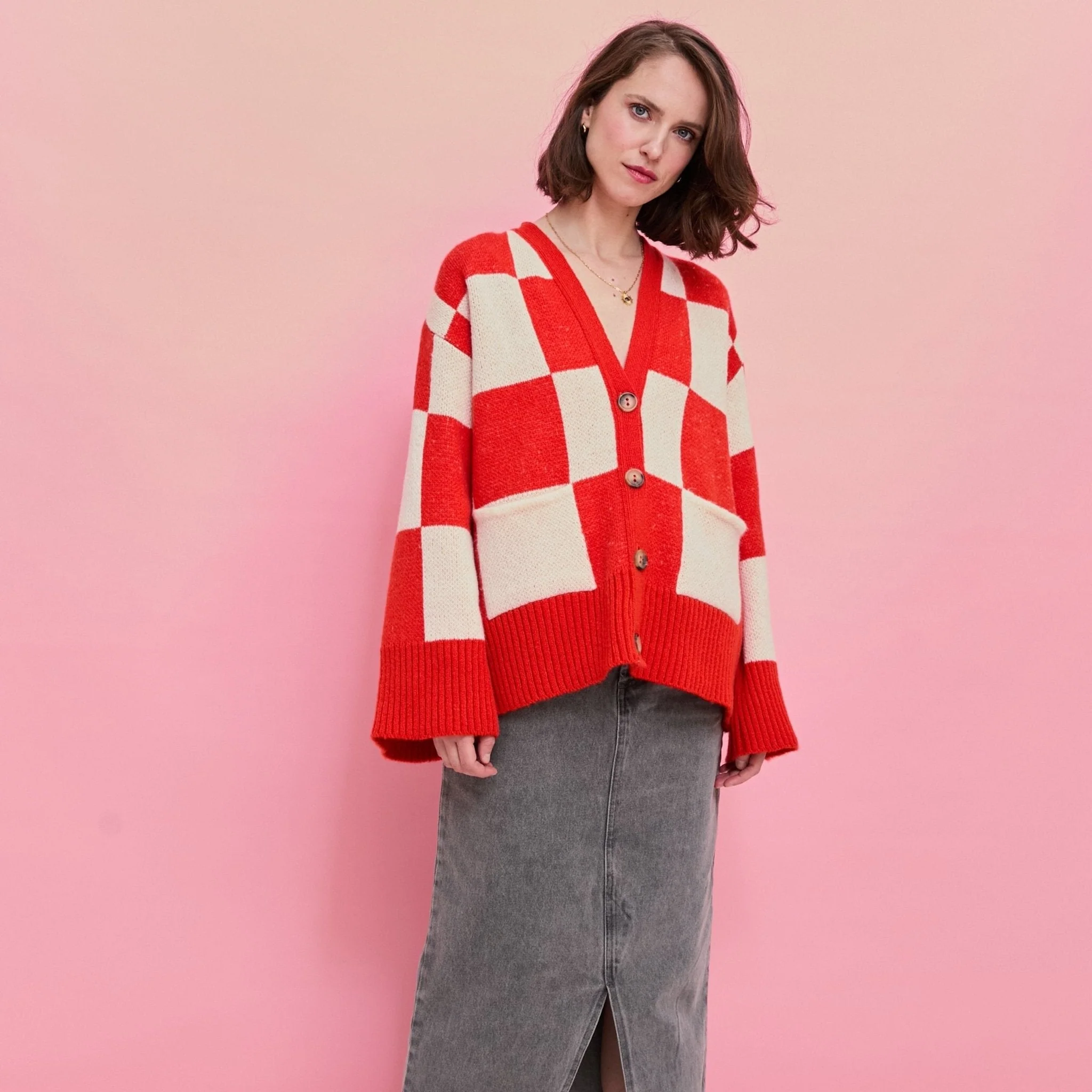 Candice Checkerboard Wide Sleeve Cardigan - Red & White - Image 9