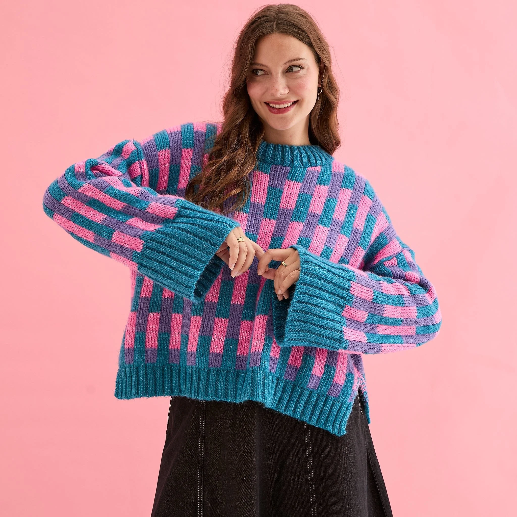 Charlotte Geometric Pattern Wide Sleeve Knit Jumper - Teal