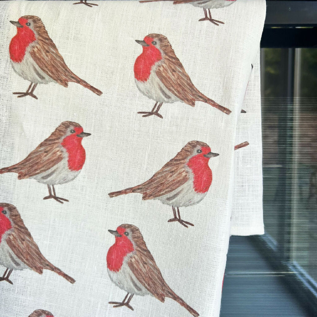 Christmas Linen Tea Towel in Little Robins Design - Image 3