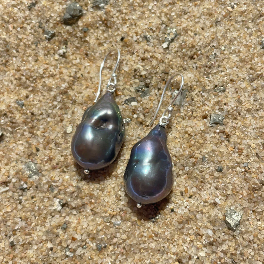 Chunky Baroque Peacock Freshwater Pearls Sterling Silver Earrings