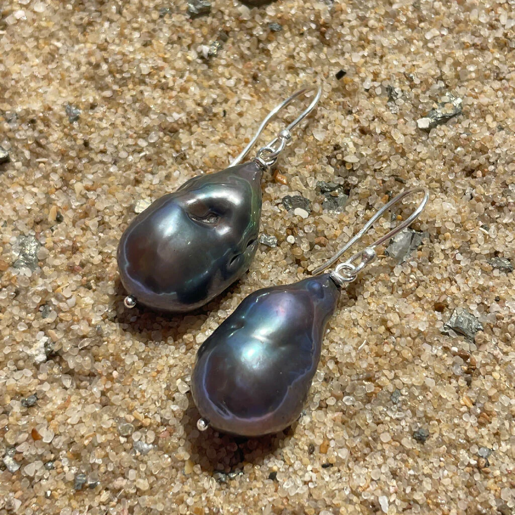 Chunky Baroque Peacock Freshwater Pearls Sterling Silver Earrings - Image 2