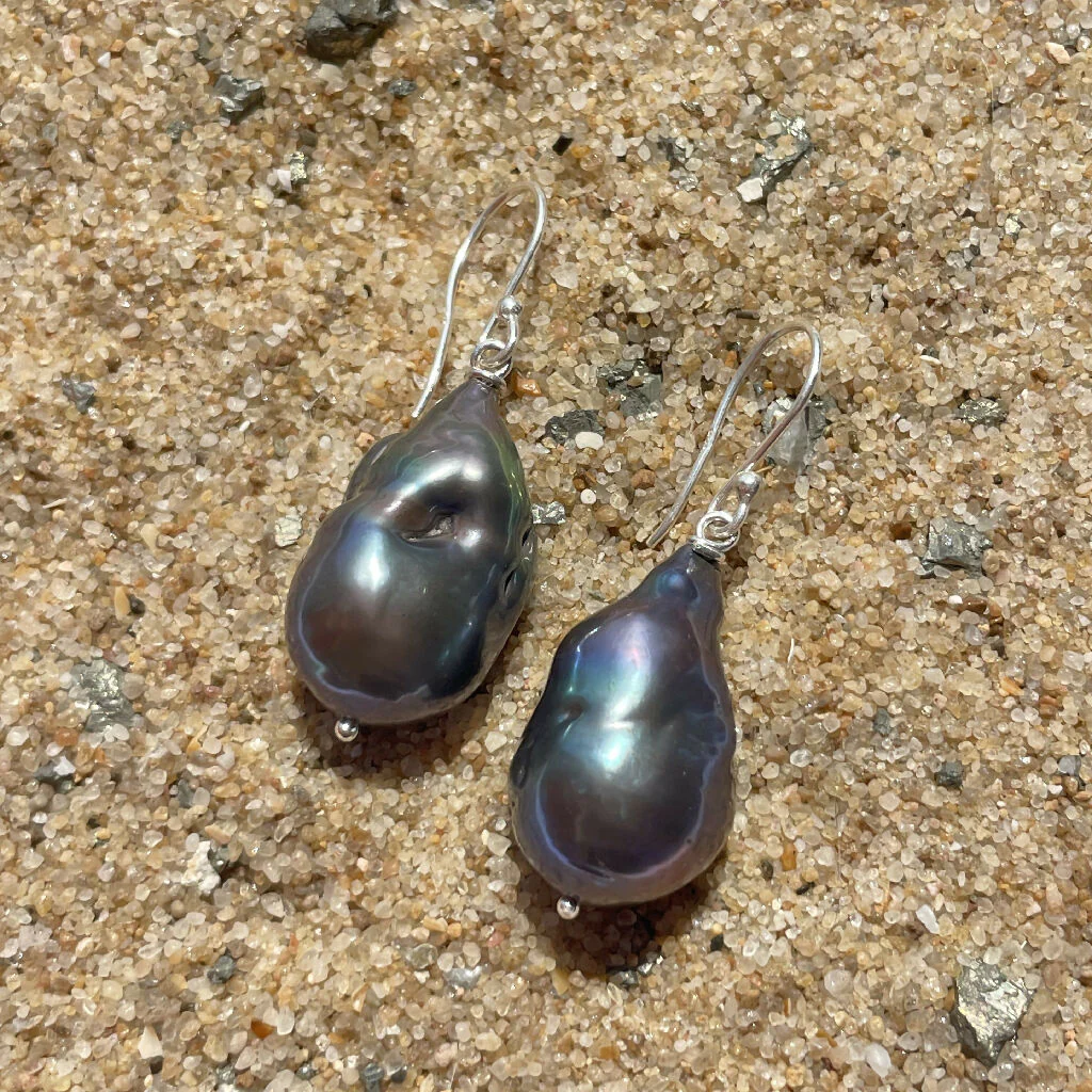 Chunky Baroque Peacock Freshwater Pearls Sterling Silver Earrings - Image 3