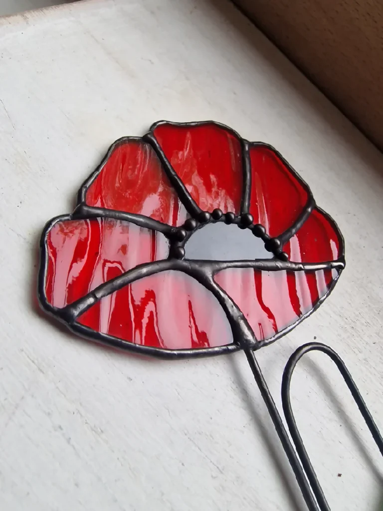 Classic Red Poppy Stained Glass Flower – Artisan Rippled Glass Petals - Image 2
