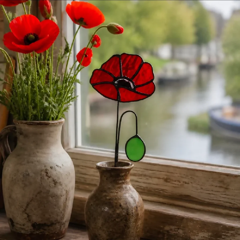 Classic Red Poppy Stained Glass Flower – Artisan Rippled Glass Petals - Image 4