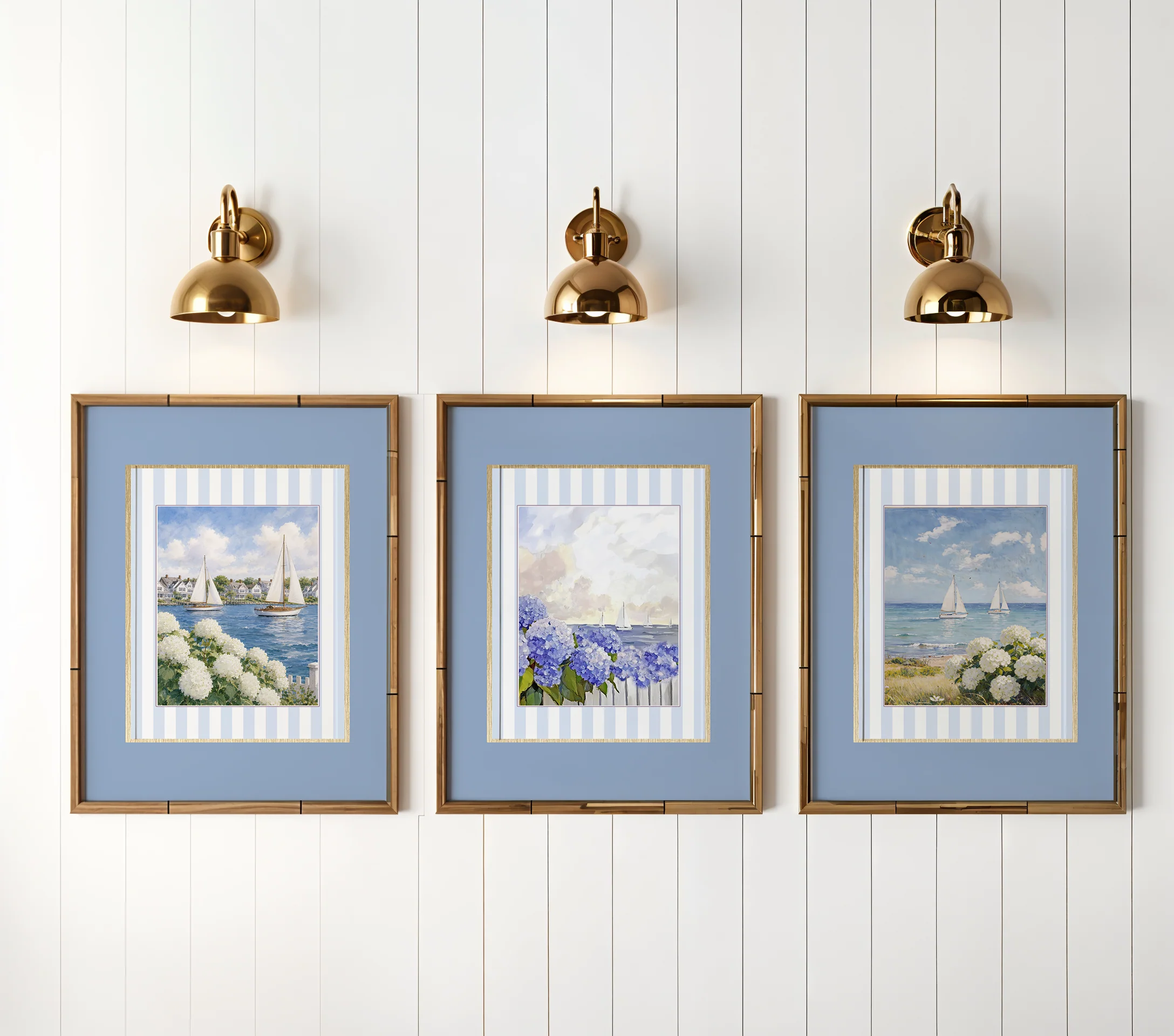 Coastal Watercolor Set of 3 with Blue Border, Nantucket Print Cape Cod Illustration Hydrangea Artwork - Image 11