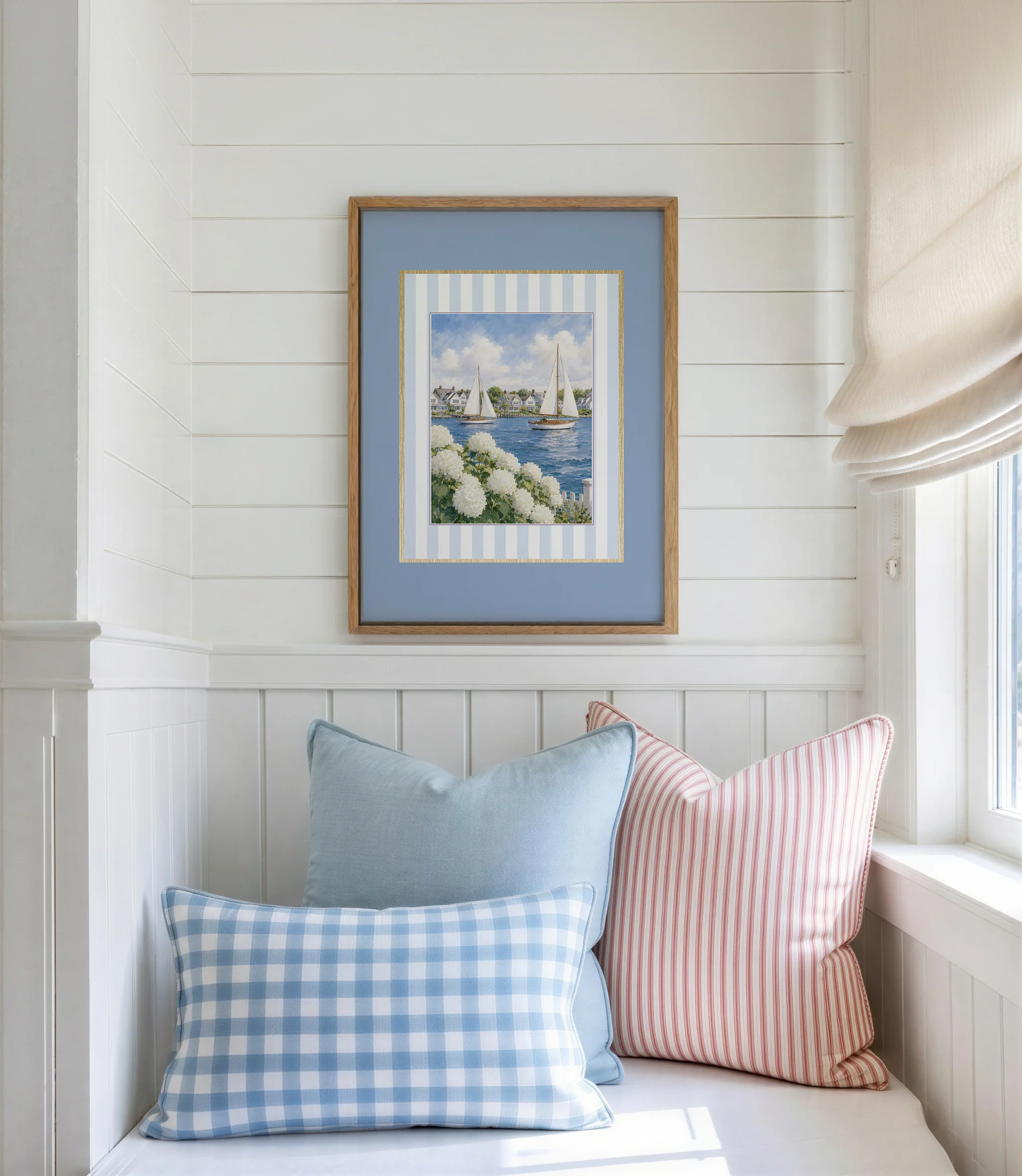 Coastal Watercolor Set of 3 with Blue Border, Nantucket Print Cape Cod Illustration Hydrangea Artwork - Image 2