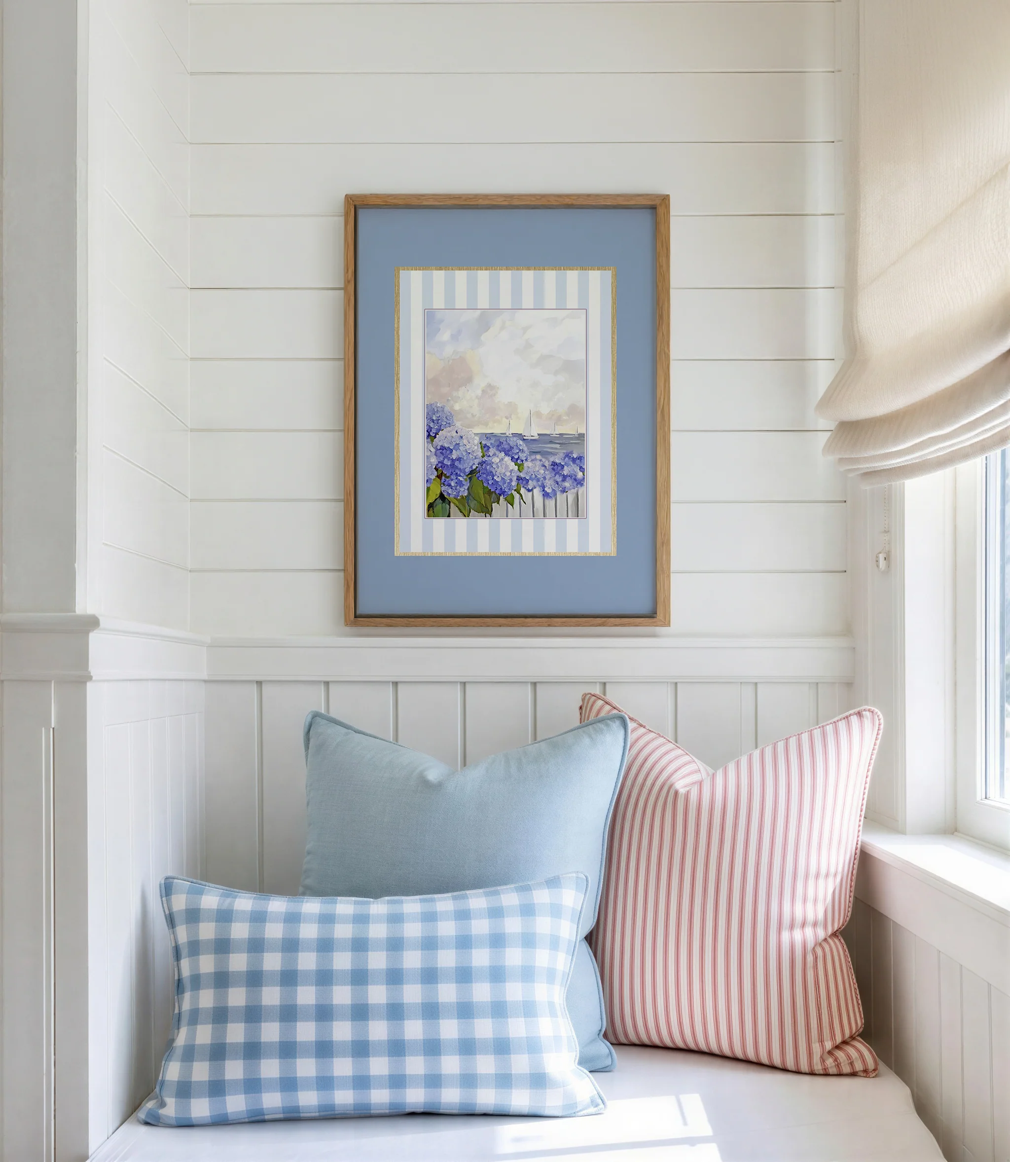 Coastal Watercolor Set of 3 with Blue Border, Nantucket Print Cape Cod Illustration Hydrangea Artwork - Image 3