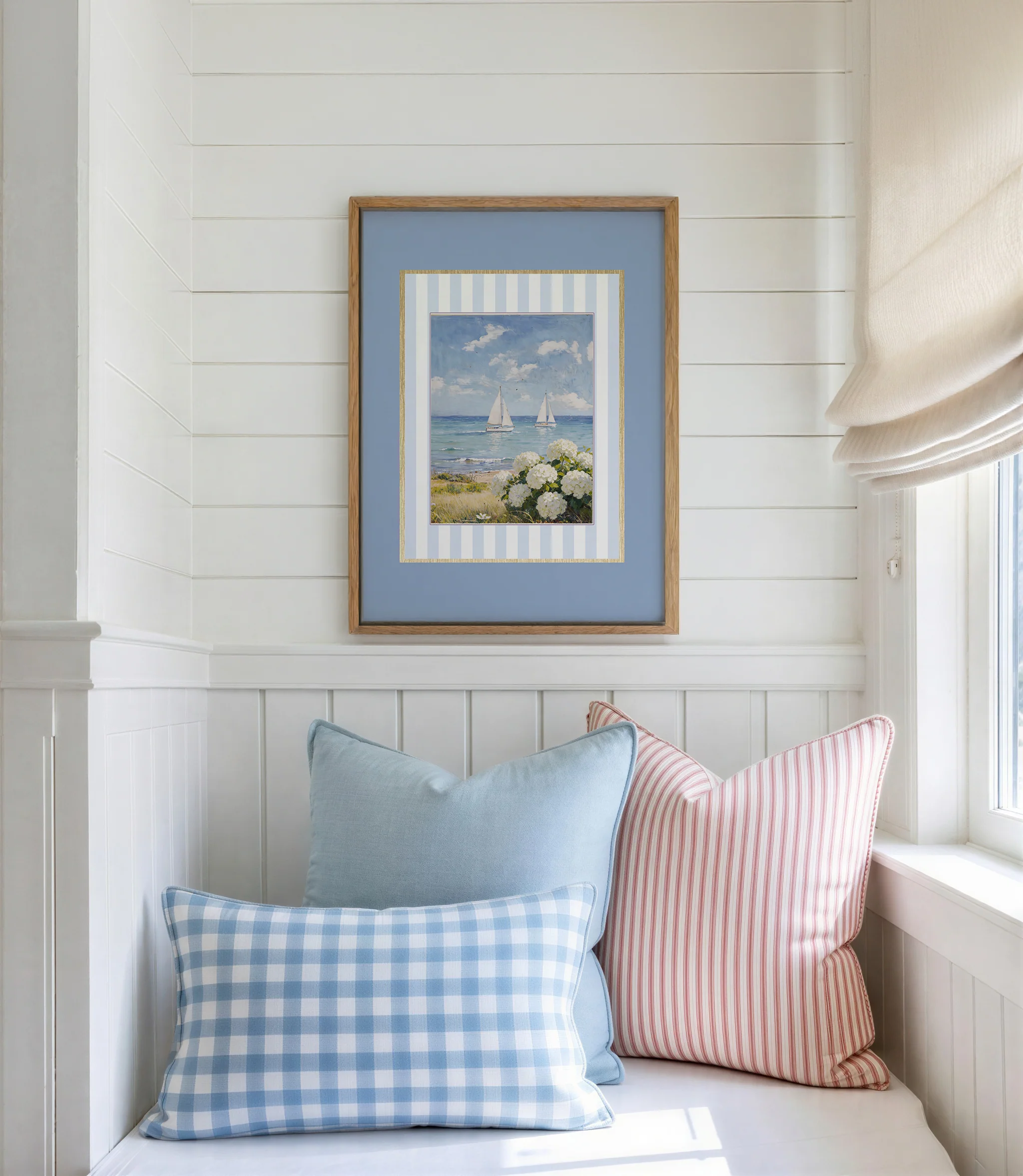 Coastal Watercolor Set of 3 with Blue Border, Nantucket Print Cape Cod Illustration Hydrangea Artwork - Image 4