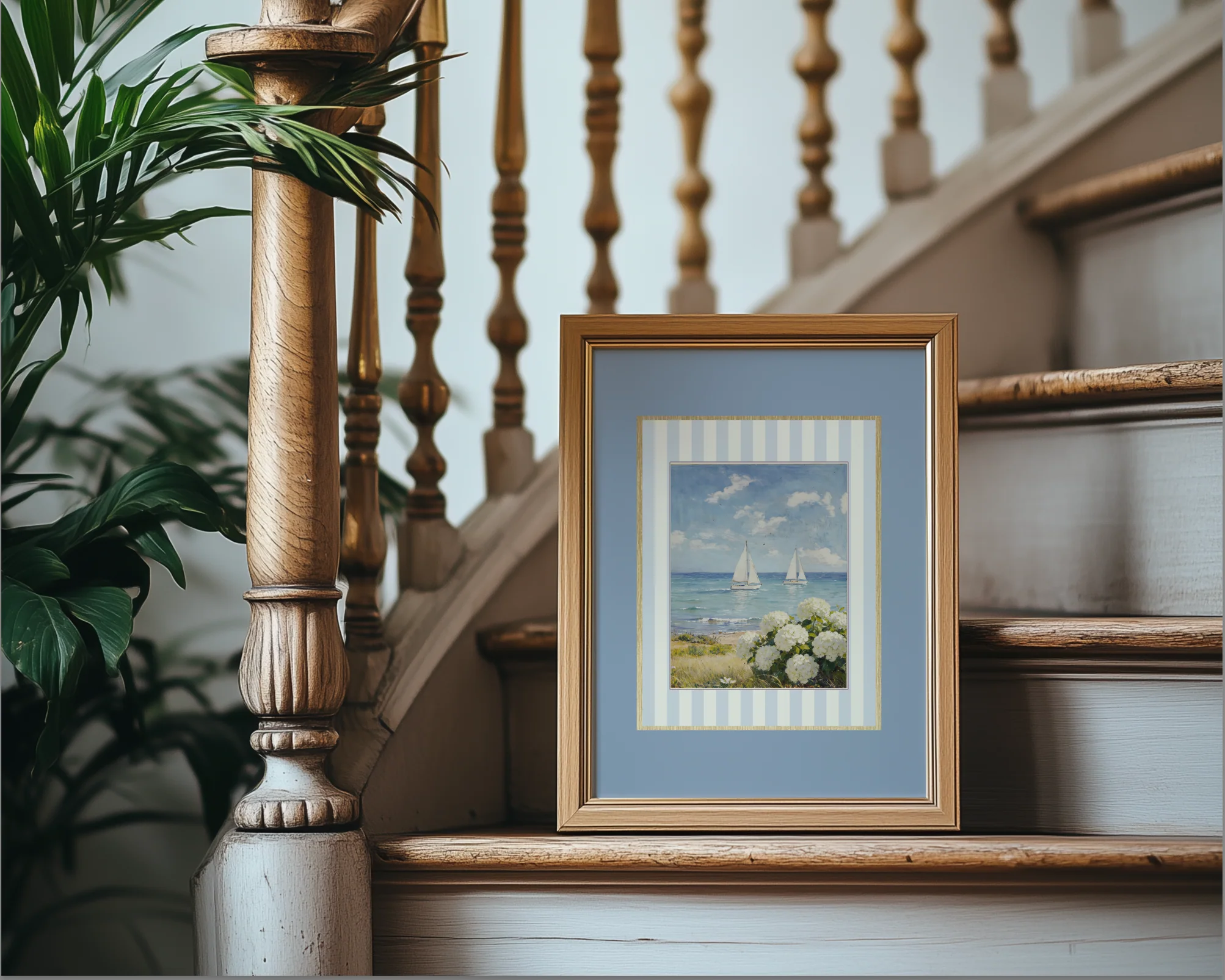 Coastal Watercolor Set of 3 with Blue Border, Nantucket Print Cape Cod Illustration Hydrangea Artwork - Image 6