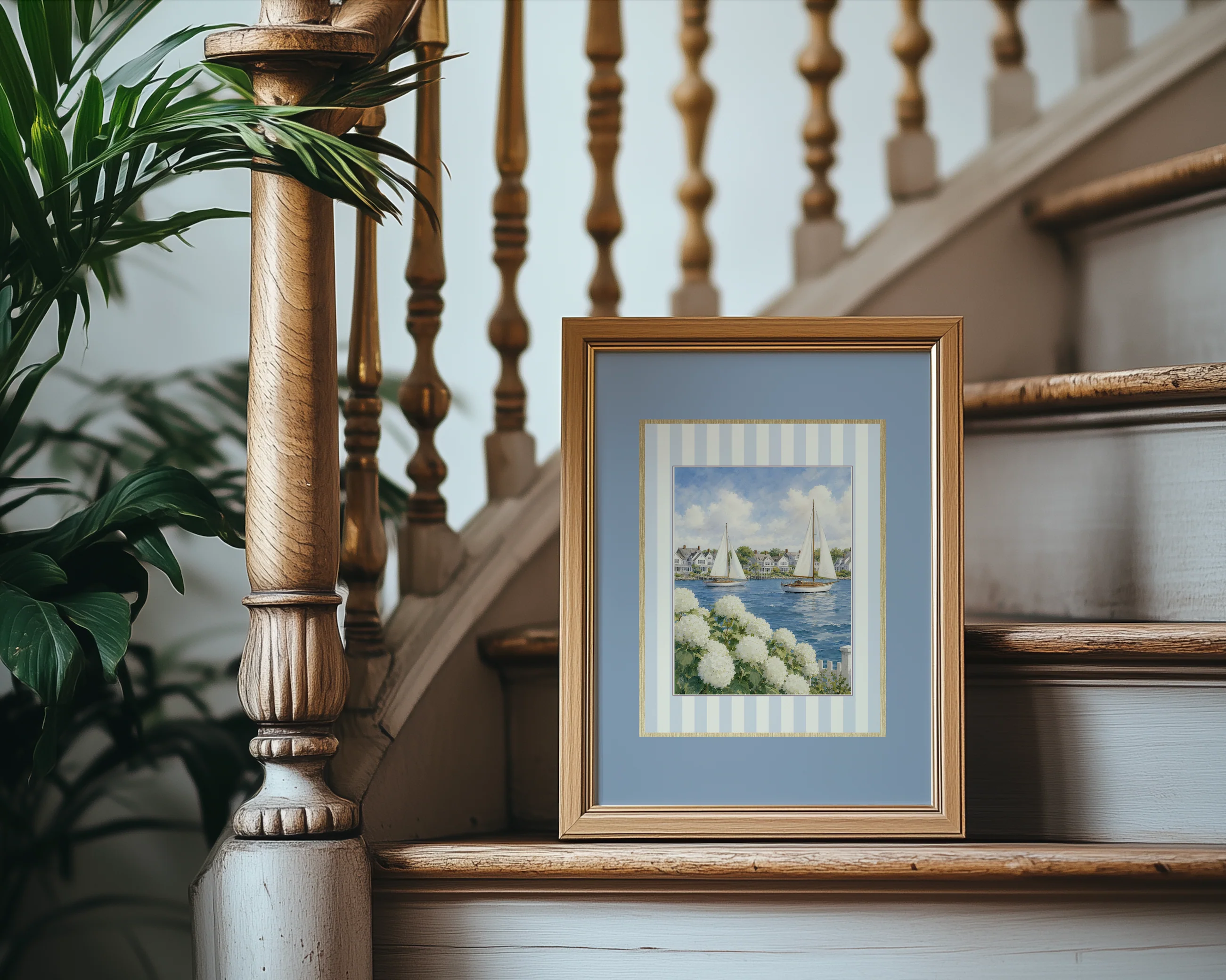 Coastal Watercolor Set of 3 with Blue Border, Nantucket Print Cape Cod Illustration Hydrangea Artwork - Image 7