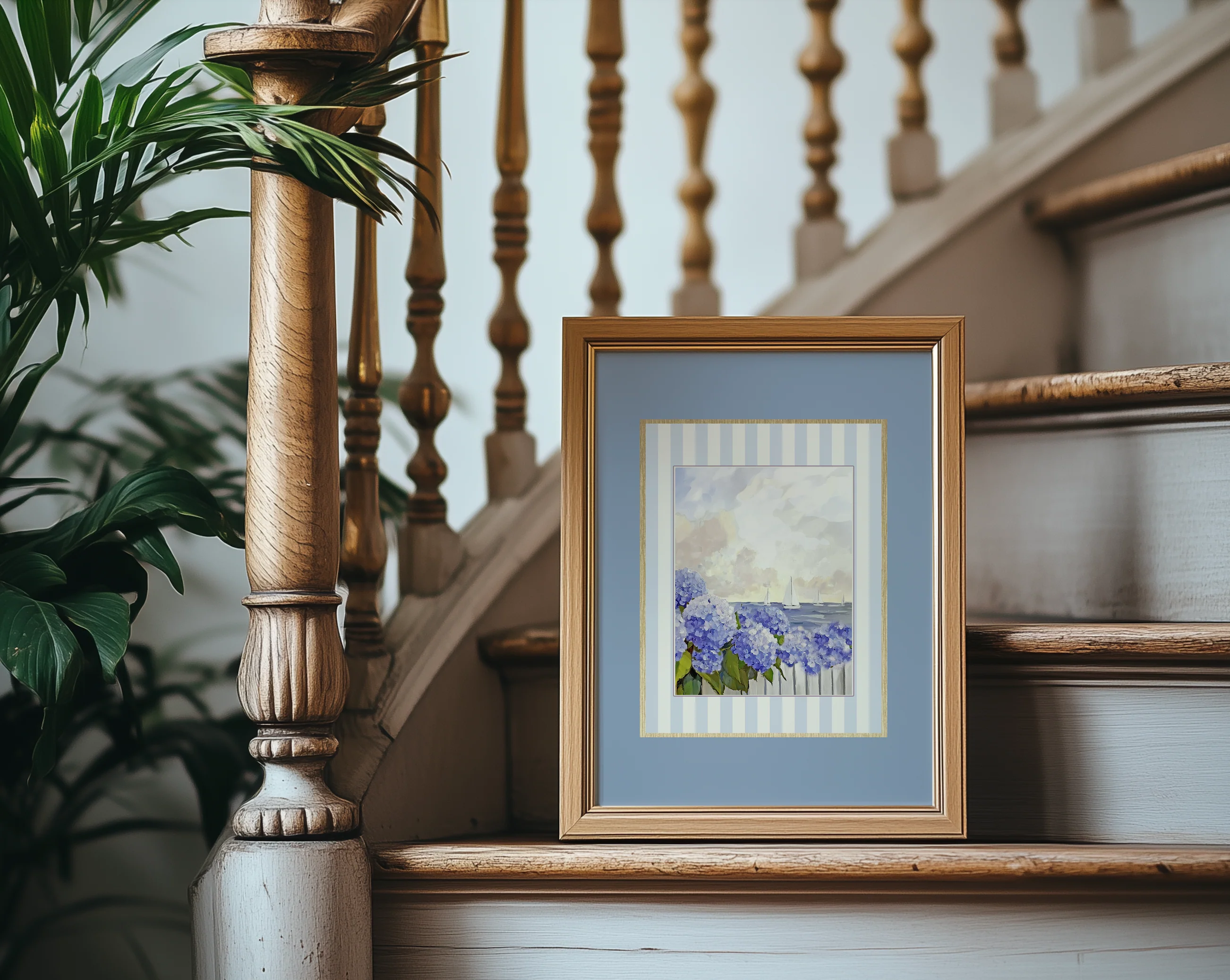 Coastal Watercolor Set of 3 with Blue Border, Nantucket Print Cape Cod Illustration Hydrangea Artwork - Image 8