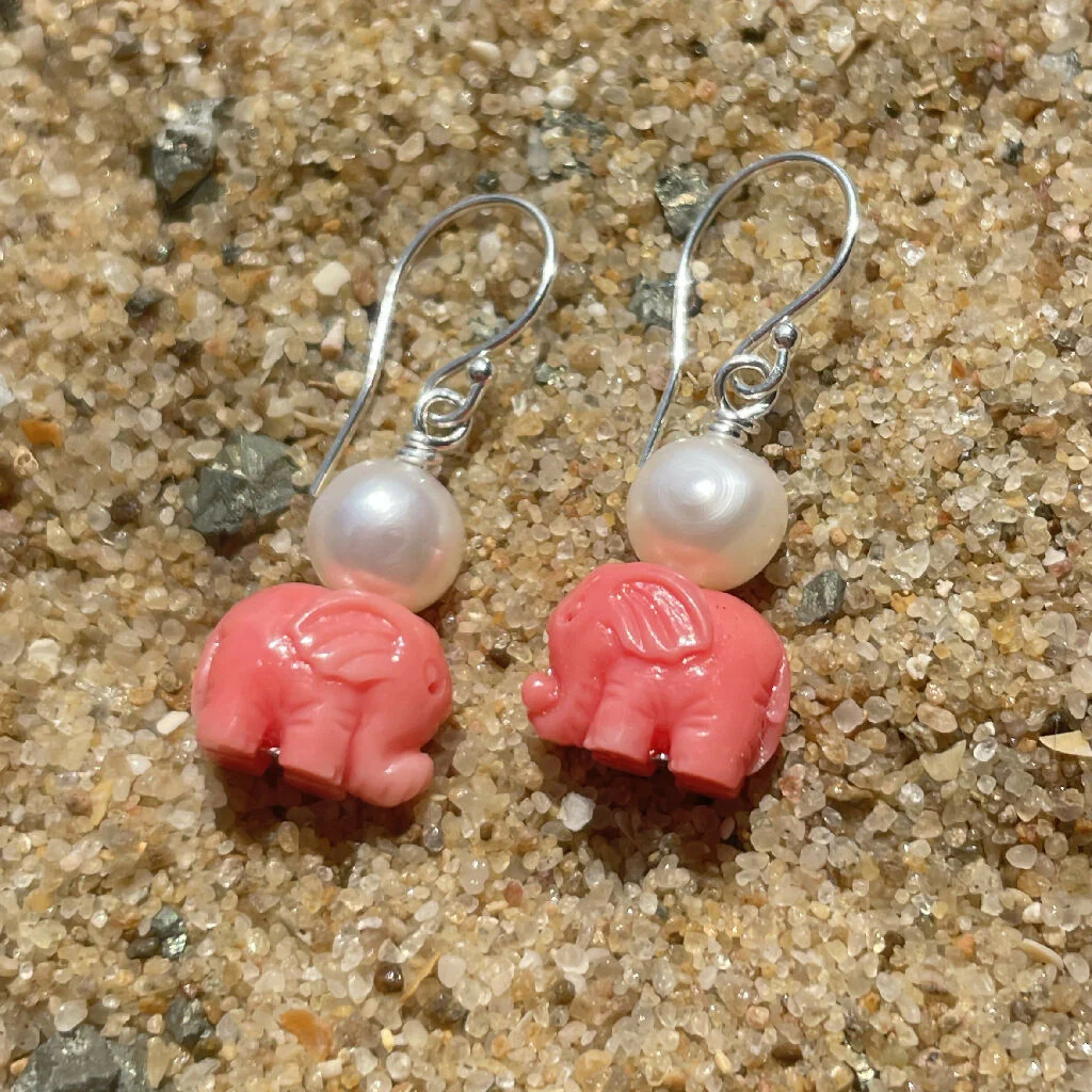 Coral Elephants Freshwater Pearls Sterling Silver Earrings