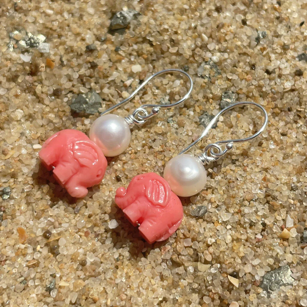 Coral Elephants Freshwater Pearls Sterling Silver Earrings - Image 2
