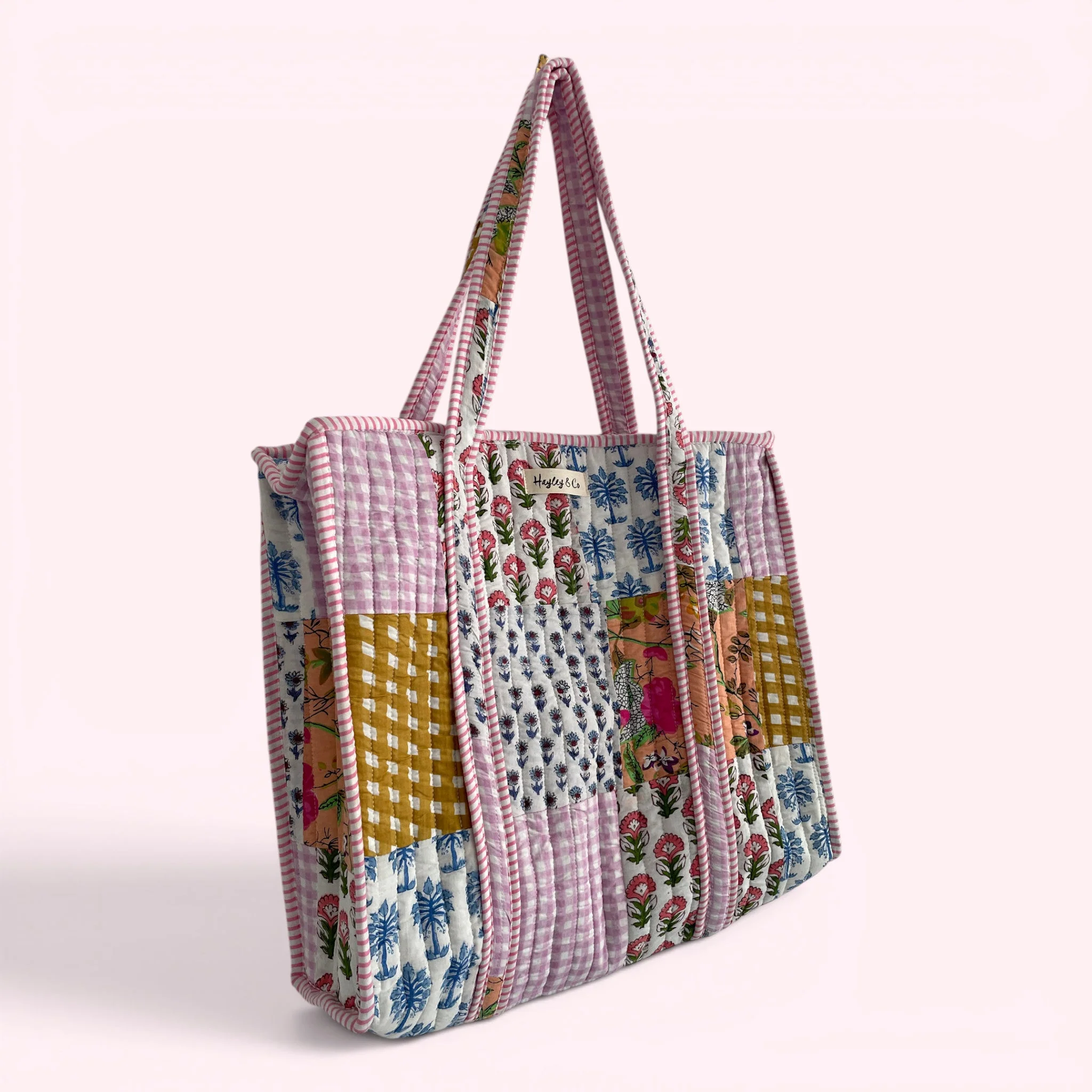 Cottage Floral Pink and Gingham Quilted Cotton Tote Bag - Image 2