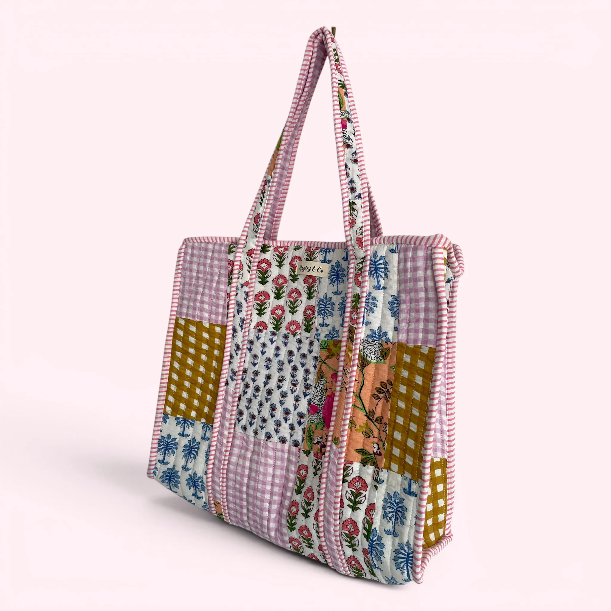 Cottage Floral Pink and Gingham Quilted Cotton Tote Bag - Image 3