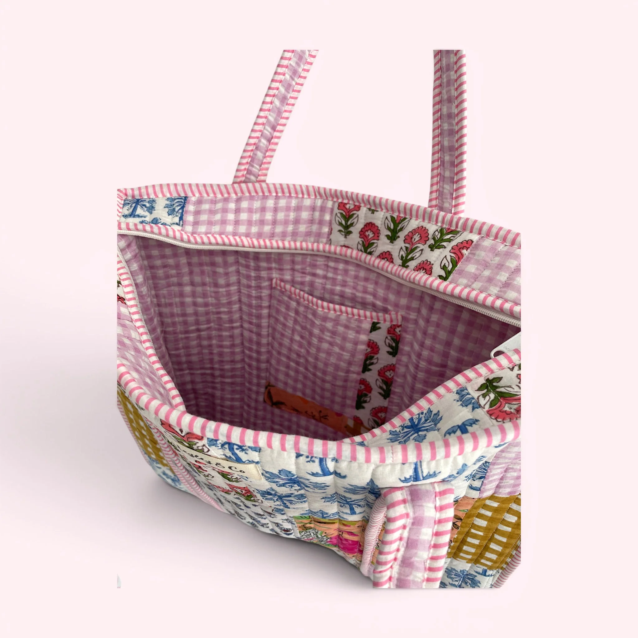 Cottage Floral Pink and Gingham Quilted Cotton Tote Bag - Image 4