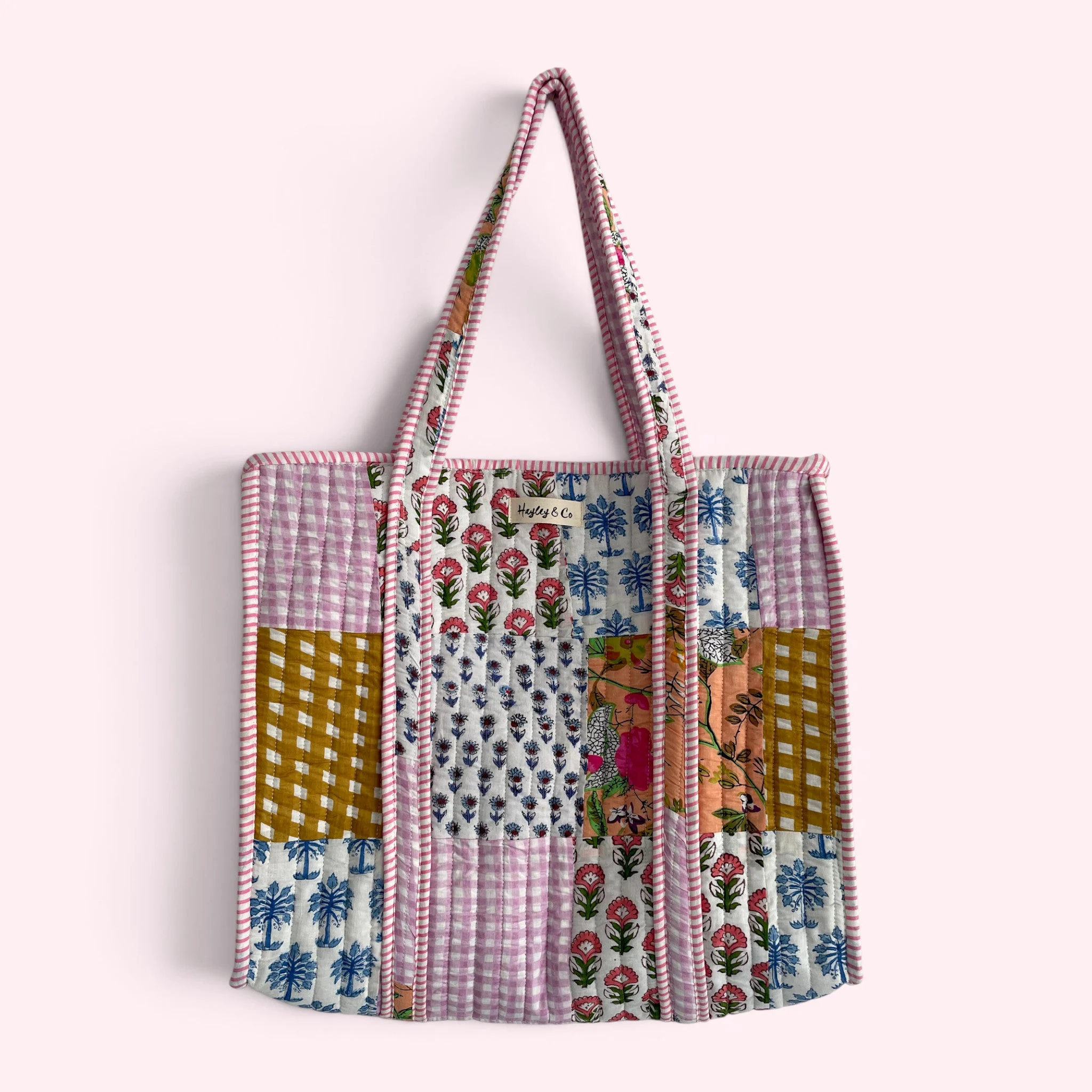 Cottage Floral Pink and Gingham Quilted Cotton Tote Bag - Image 5